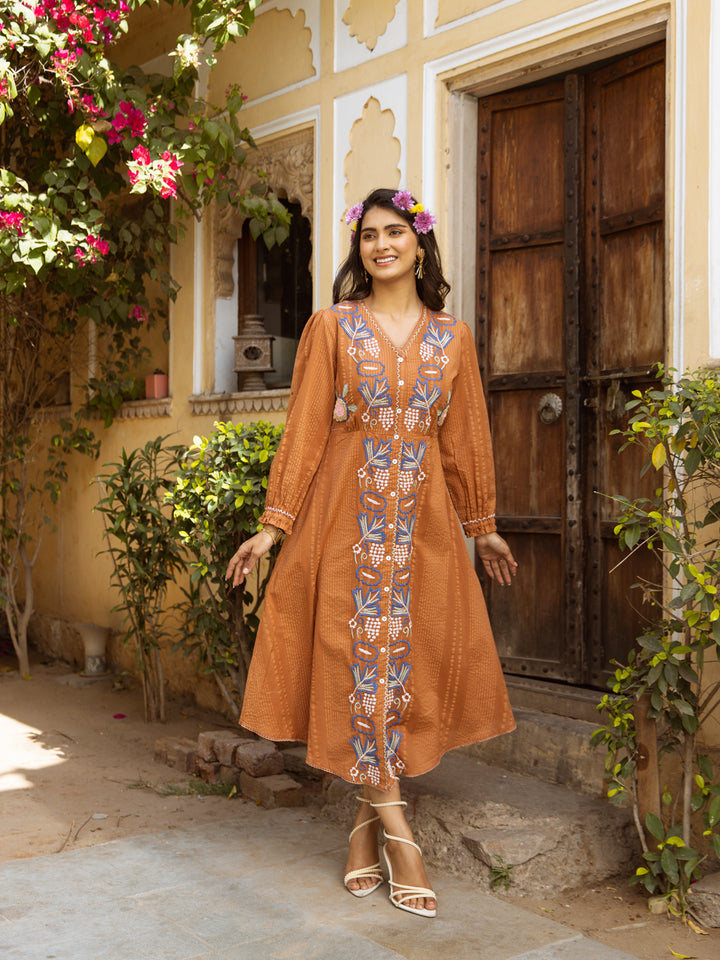 Women's Orange Cotton Embroidered Midi Western Dress
