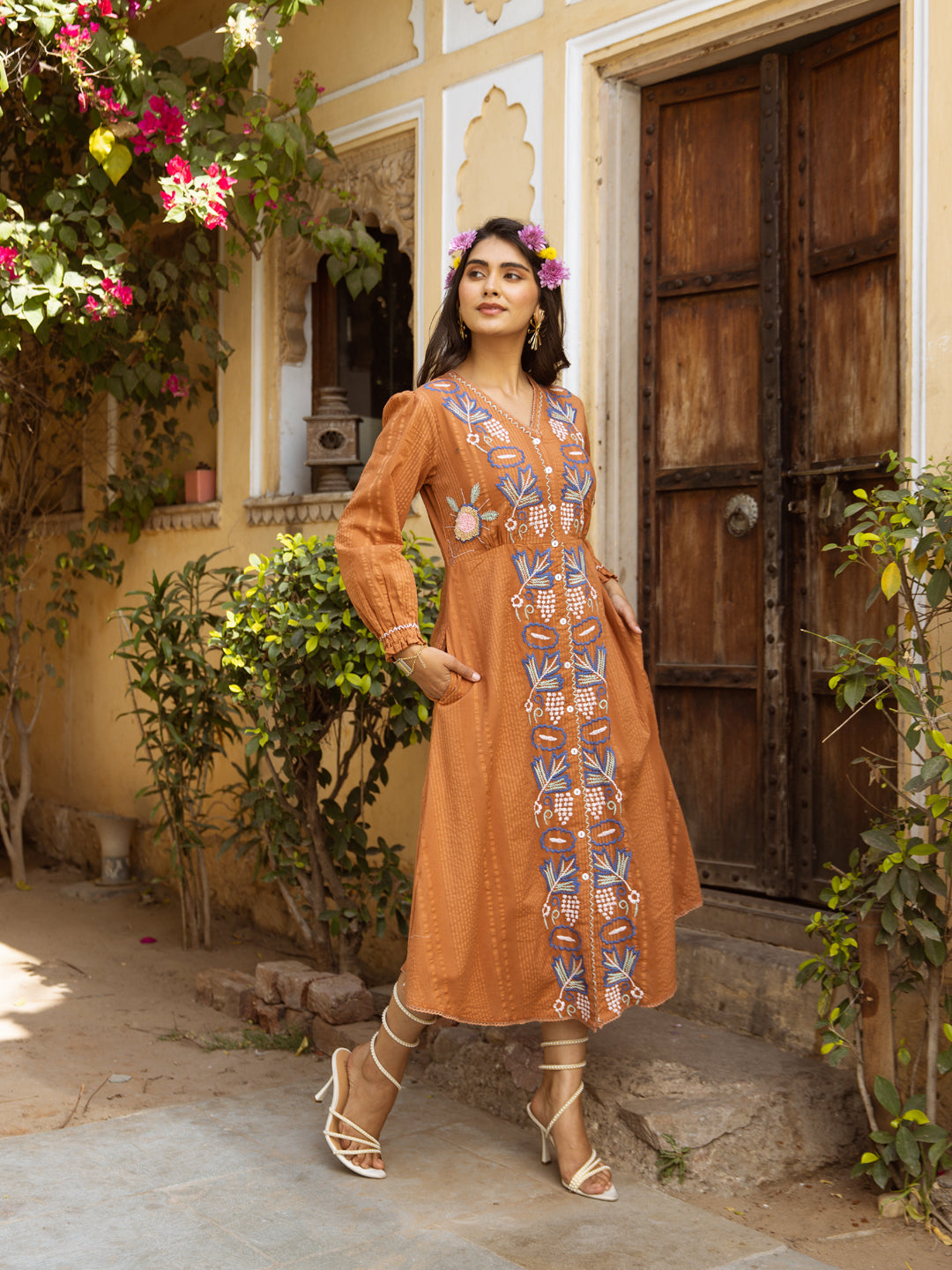 Women's Orange Cotton Embroidered Midi Western Dress Custard Women's Orange Cotton Embroidered Midi Western Dress Custard