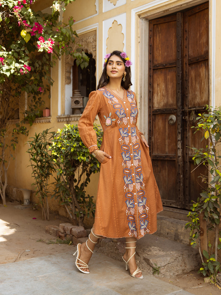 Women's Orange Cotton Embroidered Midi Western Dress