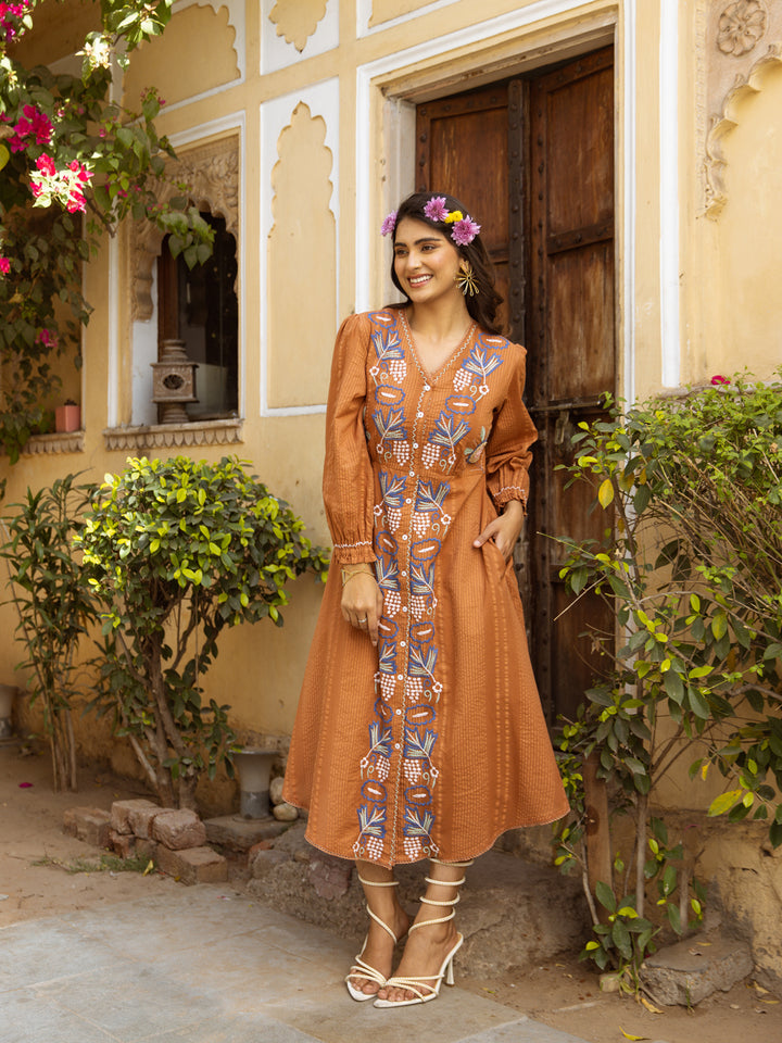Women's Orange Cotton Embroidered Midi Western Dress