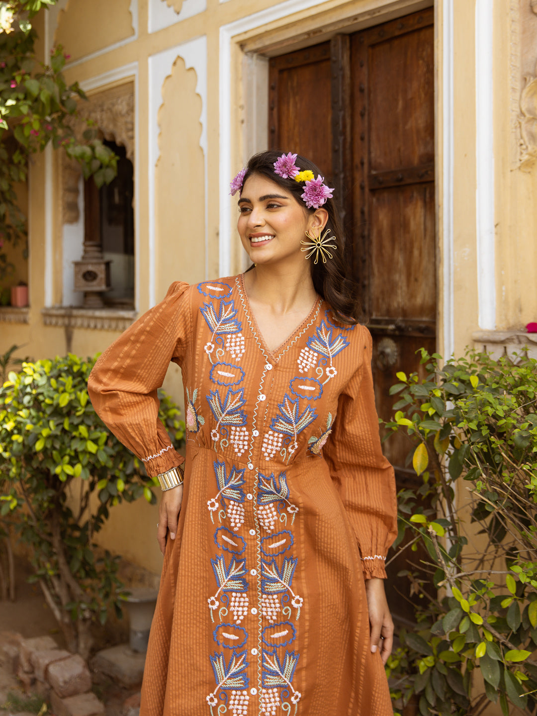 Women's Orange Cotton Embroidered Midi Western Dress