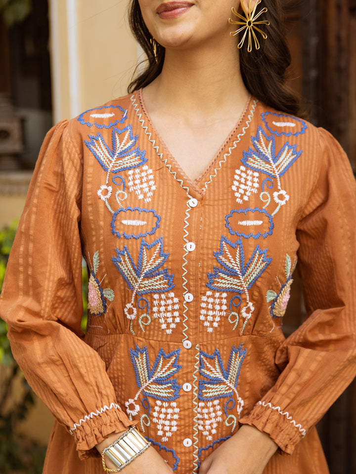 Women's Orange Cotton Embroidered Midi Western Dress