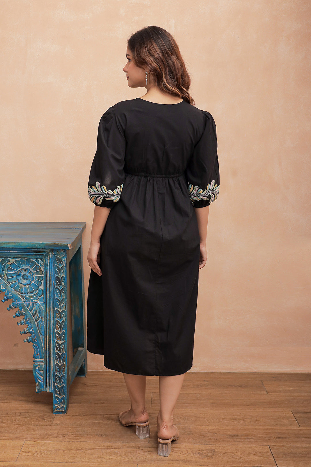 Black Embroidery Cotton V neck Midi Dress for Women