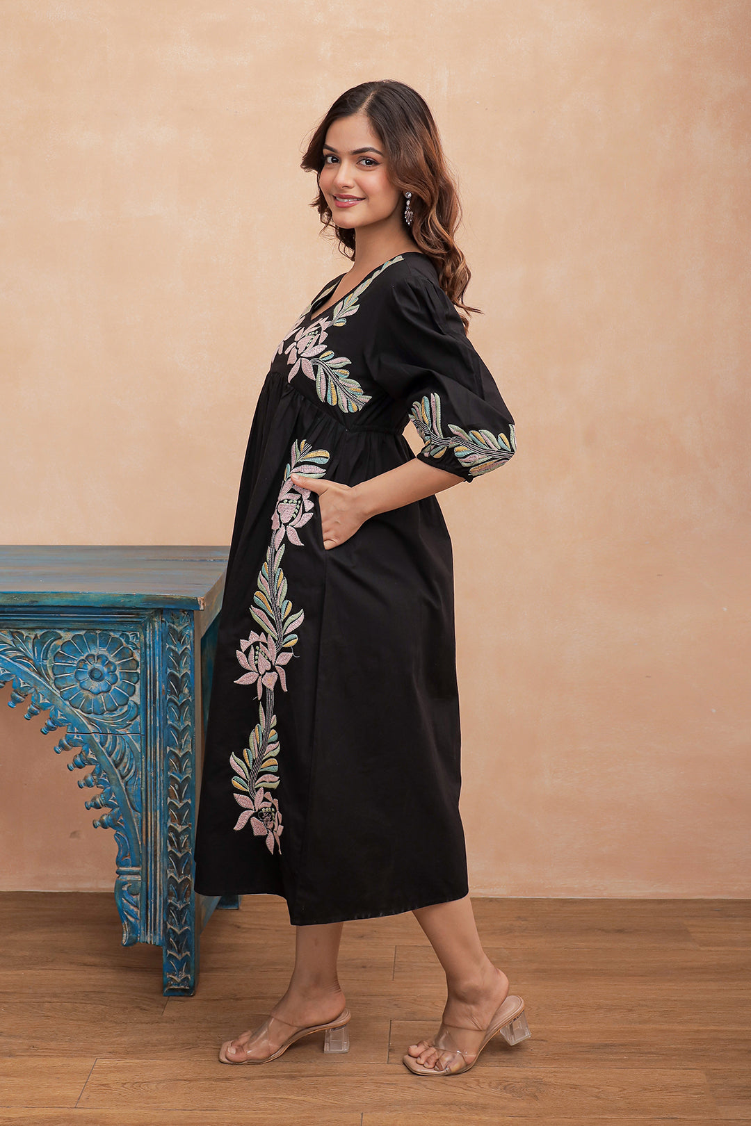 Black Embroidery Cotton V neck Midi Dress for Women