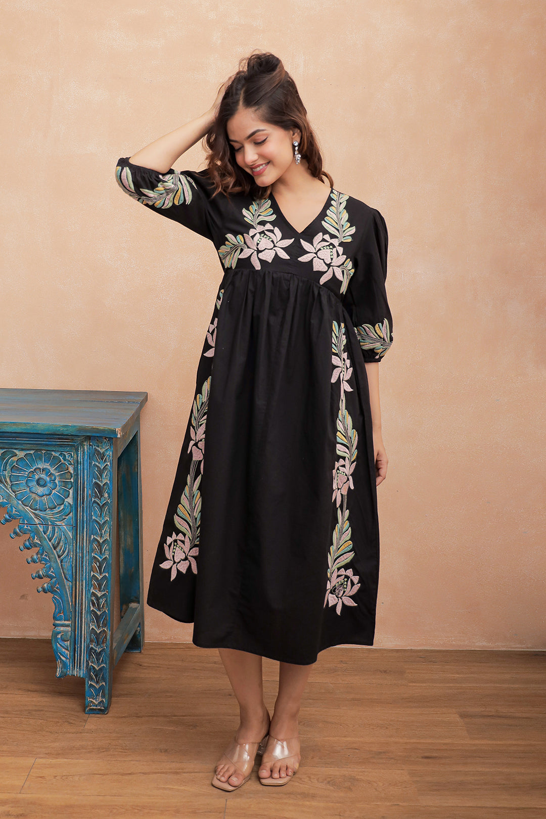 Black Embroidery Cotton V neck Midi Dress for Women