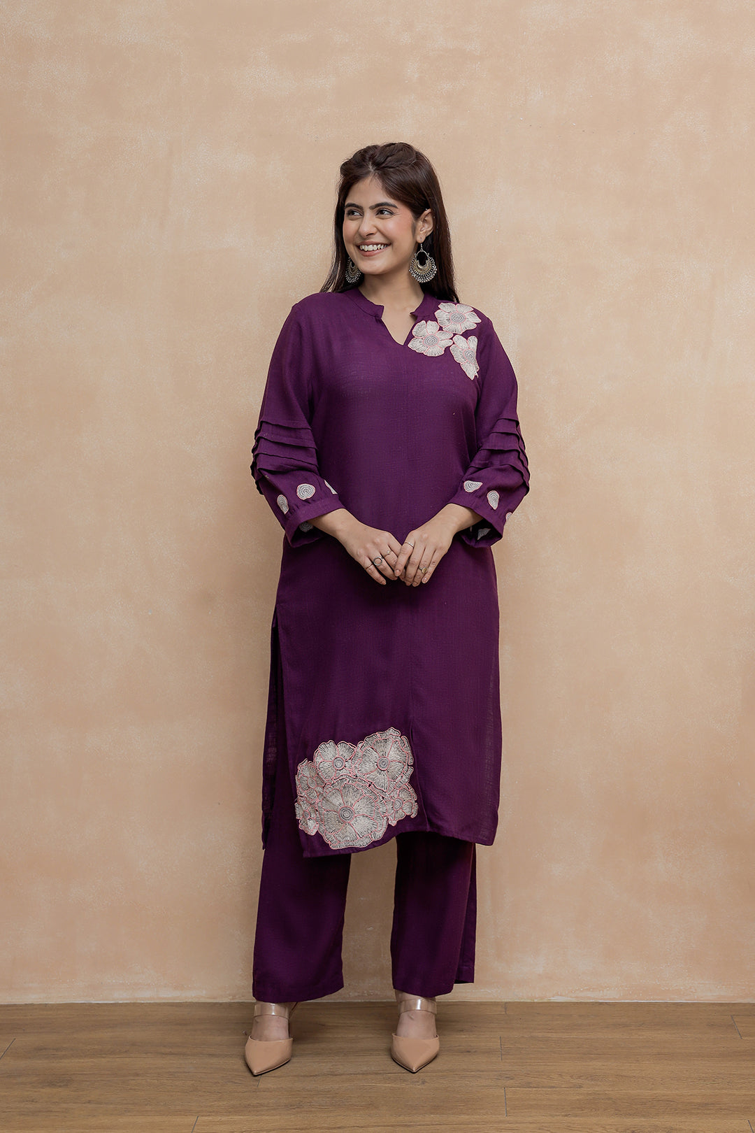 Purple Embroidery Cotton Collar Neck Kurta with Straight Pant Set for Women