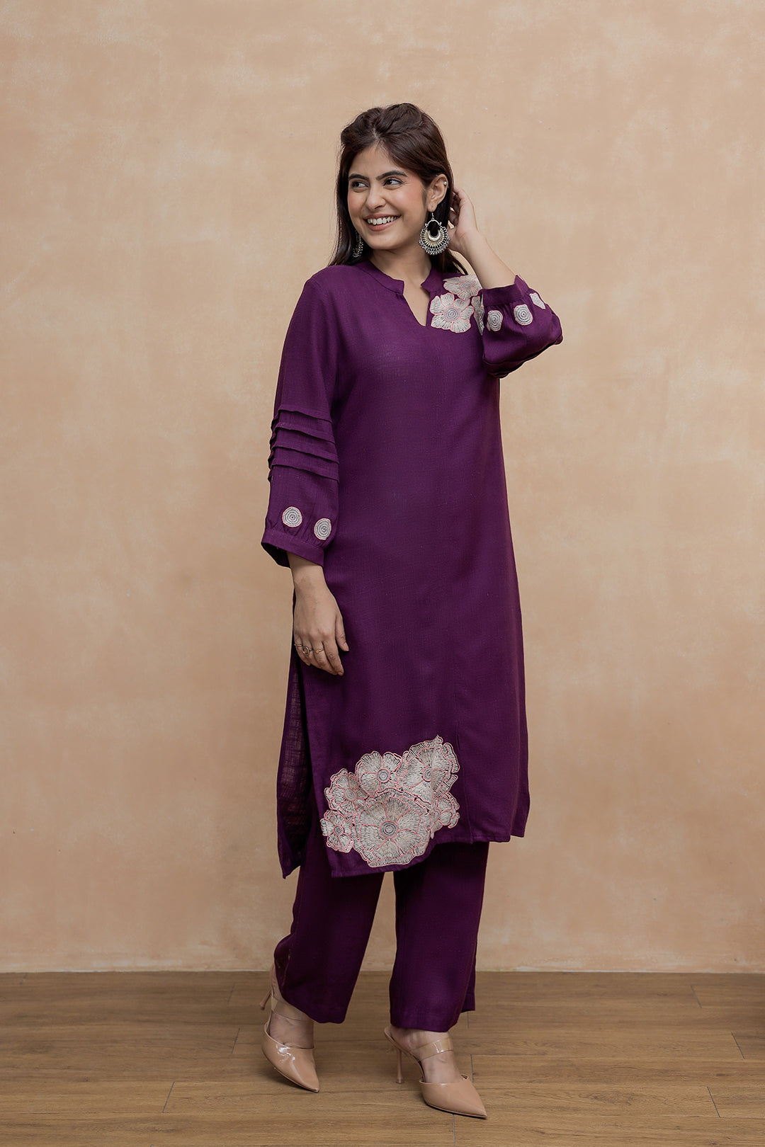 Purple Embroidery Cotton Collar Neck Kurta with Straight Pant Set for Women