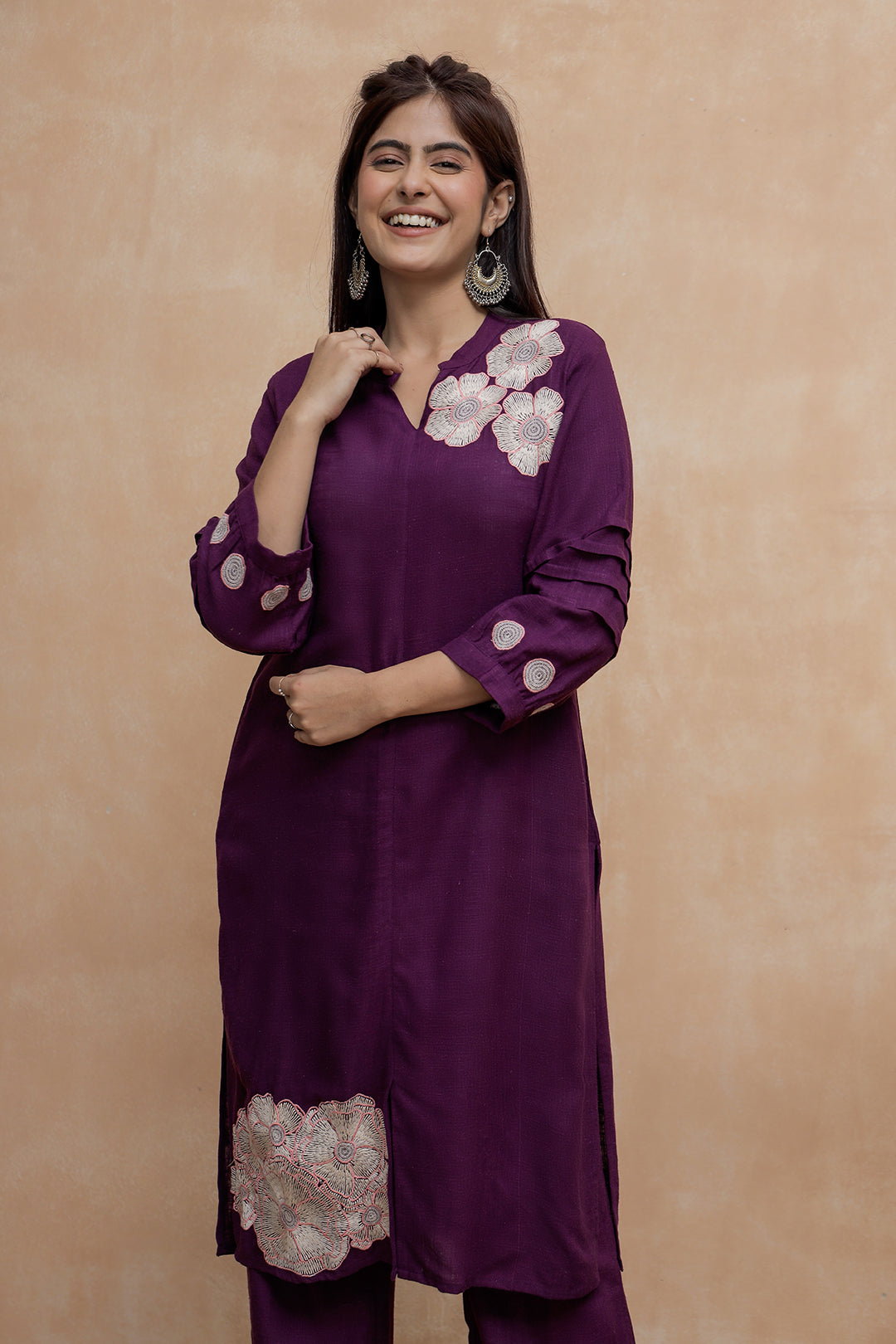 Purple Embroidery Cotton Collar Neck Kurta with Straight Pant Set for Women