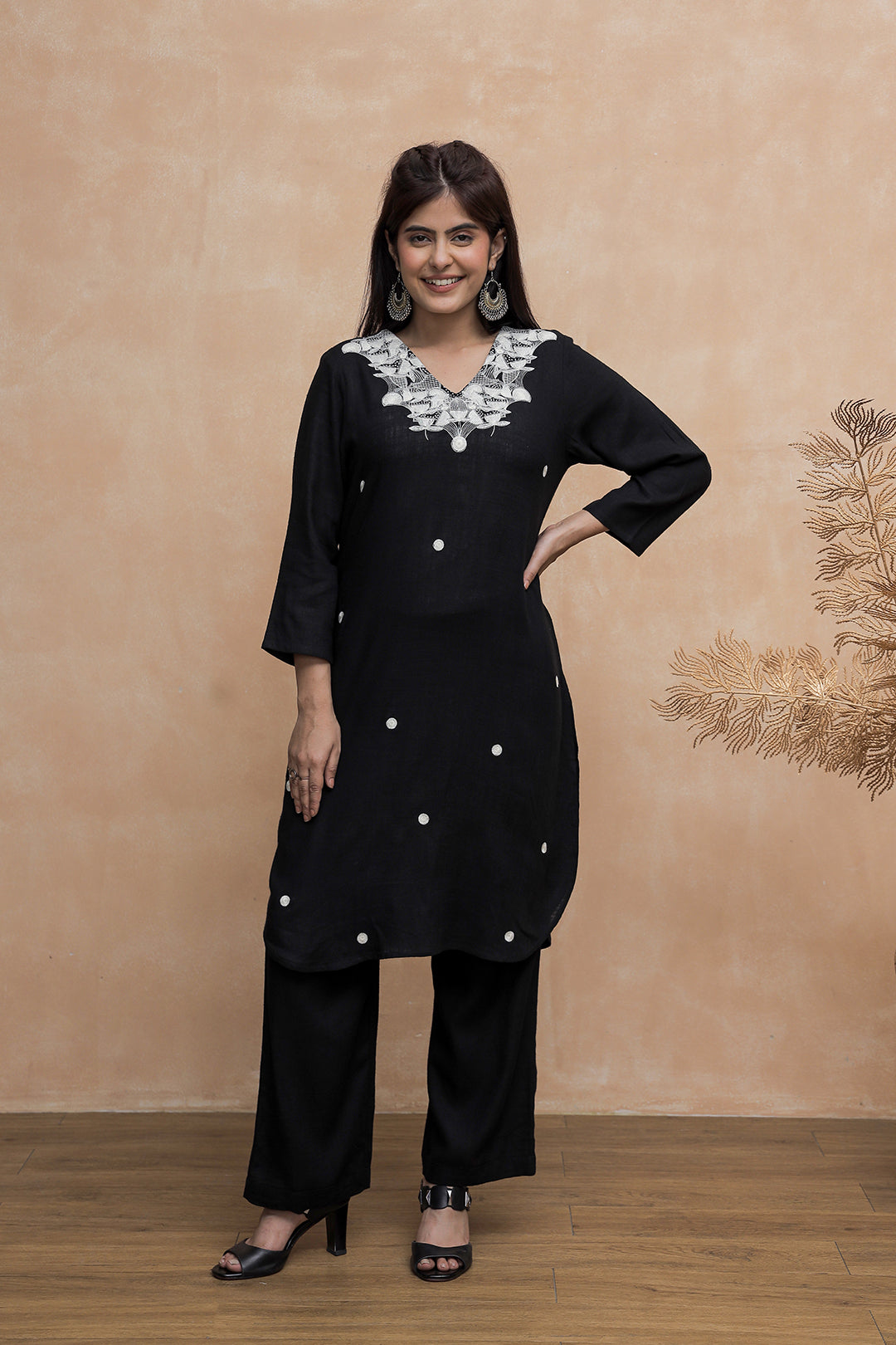Black Embroidery V neck Cotton Kurta with Straight Pant set for Women