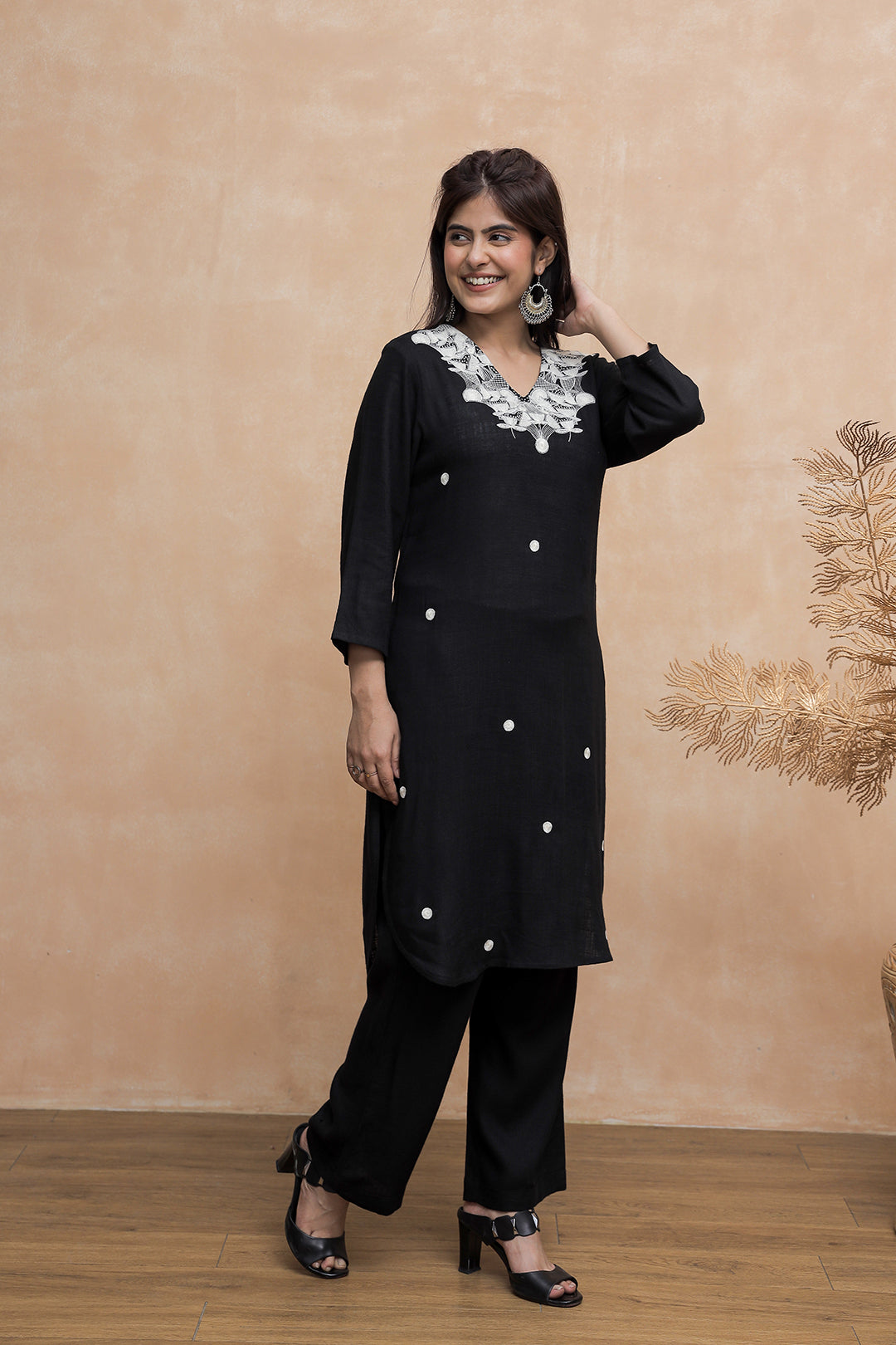 Black Embroidery V neck Cotton Kurta with Straight Pant set for Women