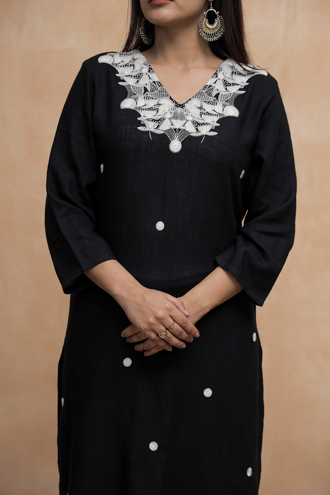 Black Embroidery V neck Cotton Kurta with Straight Pant set for Women