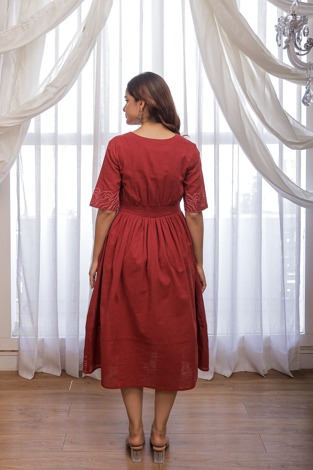 Red Embroidery Cotton V neck Midi Dress for Women