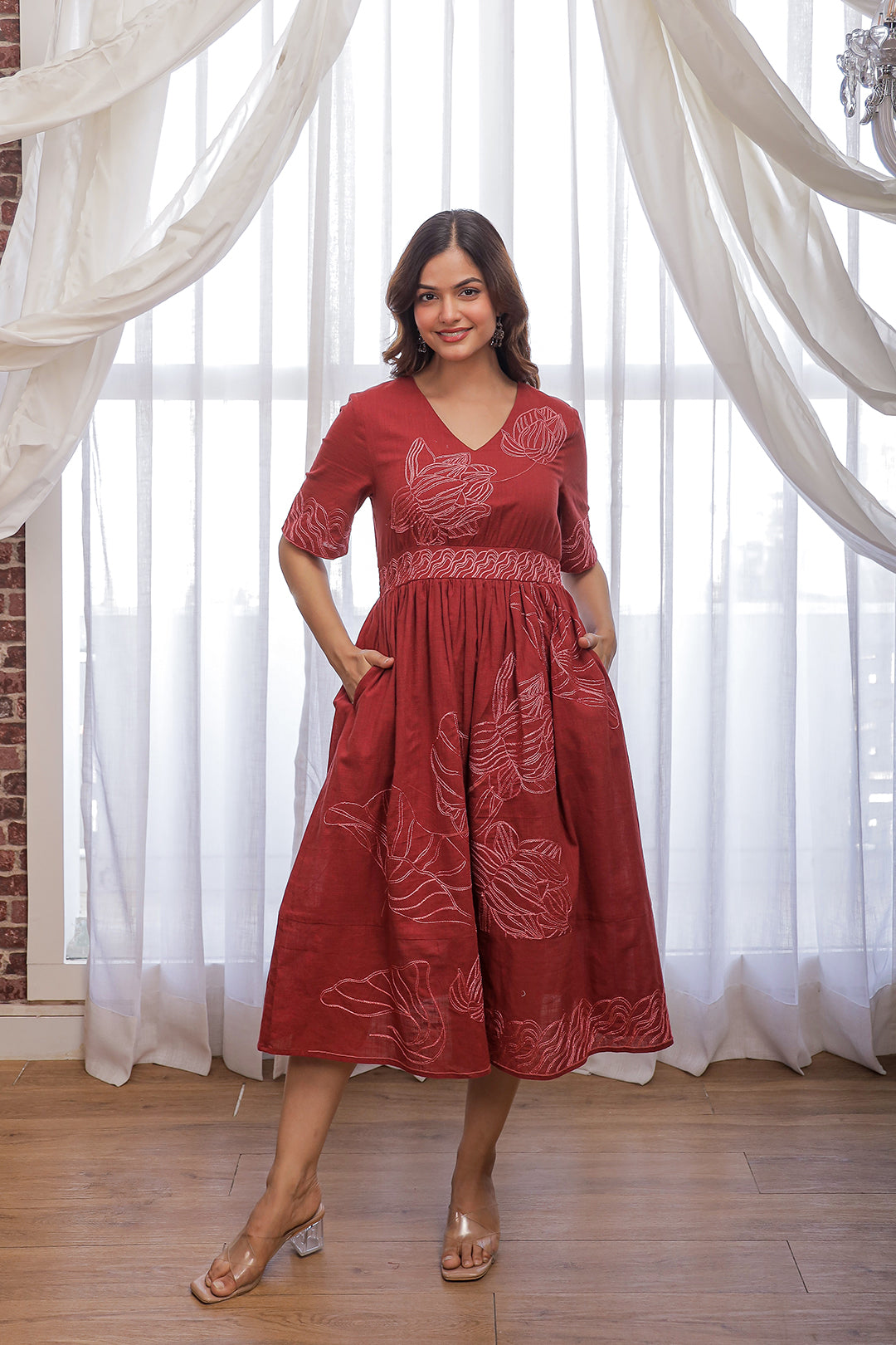 Red Embroidery Cotton V neck Midi Dress for Women