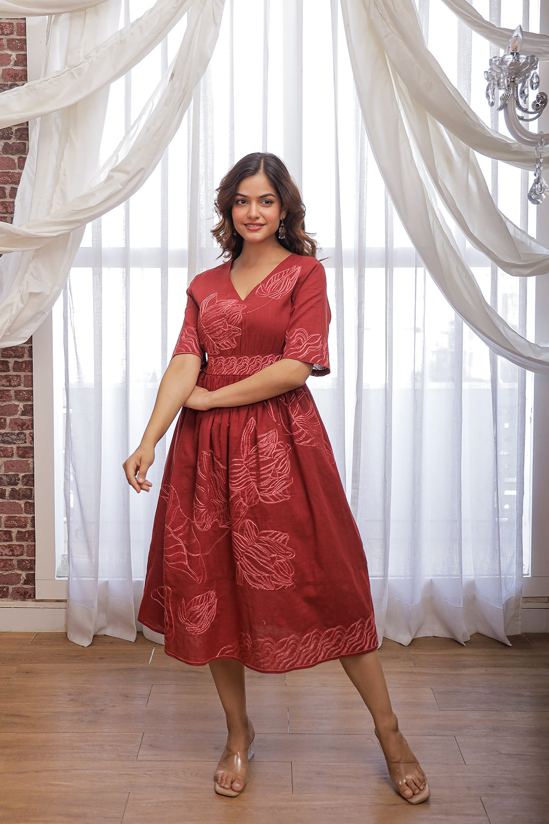 Red Embroidery Cotton V neck Midi Dress for Women