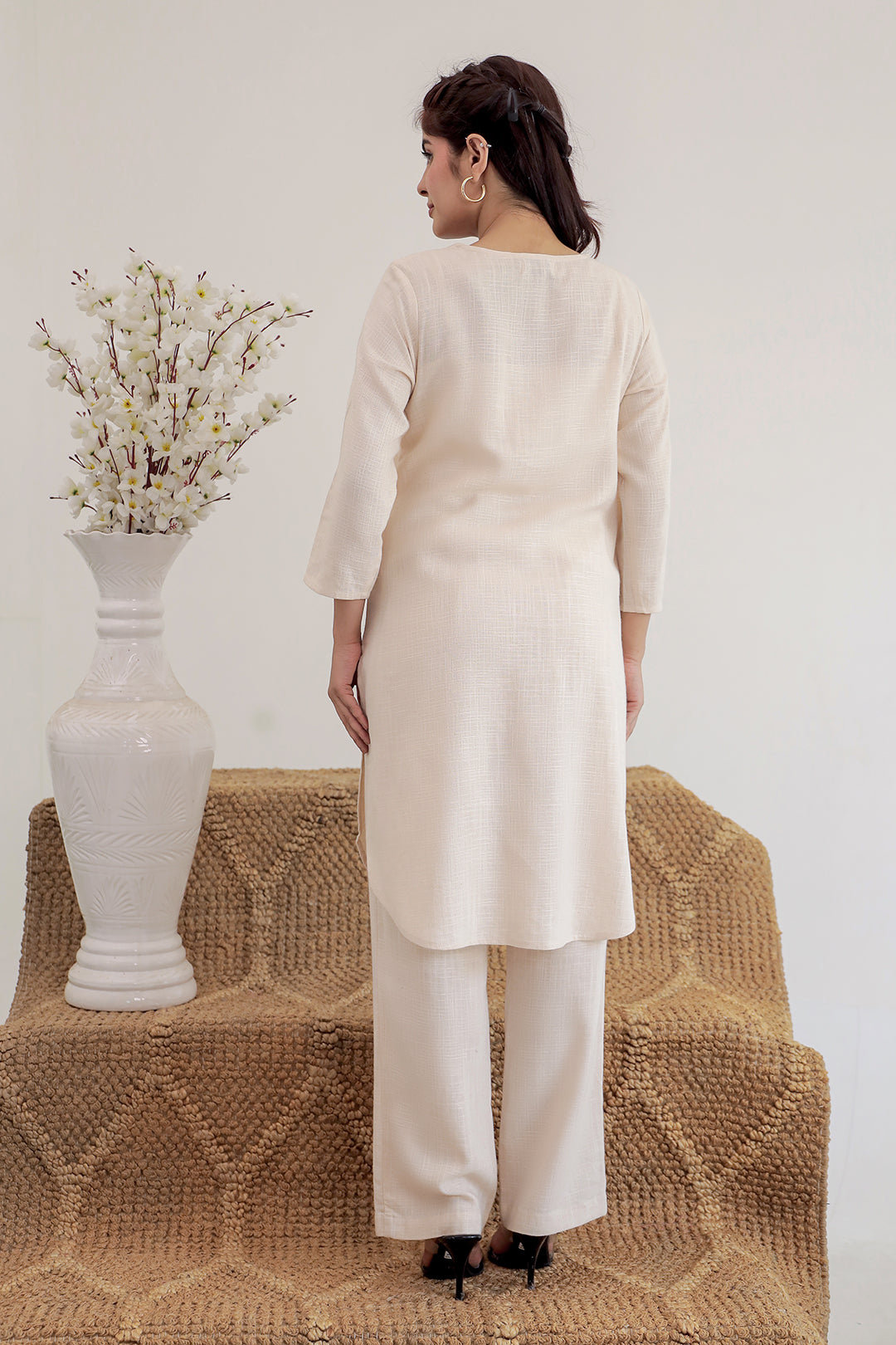 Beige Embroidery V neck Cotton Kurta with Straight Pant set for Women
