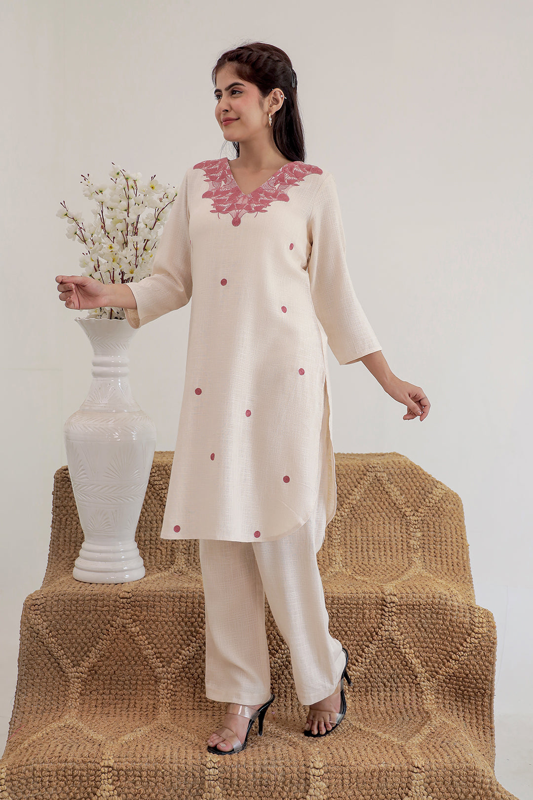 Beige Embroidery V neck Cotton Kurta with Straight Pant set for Women