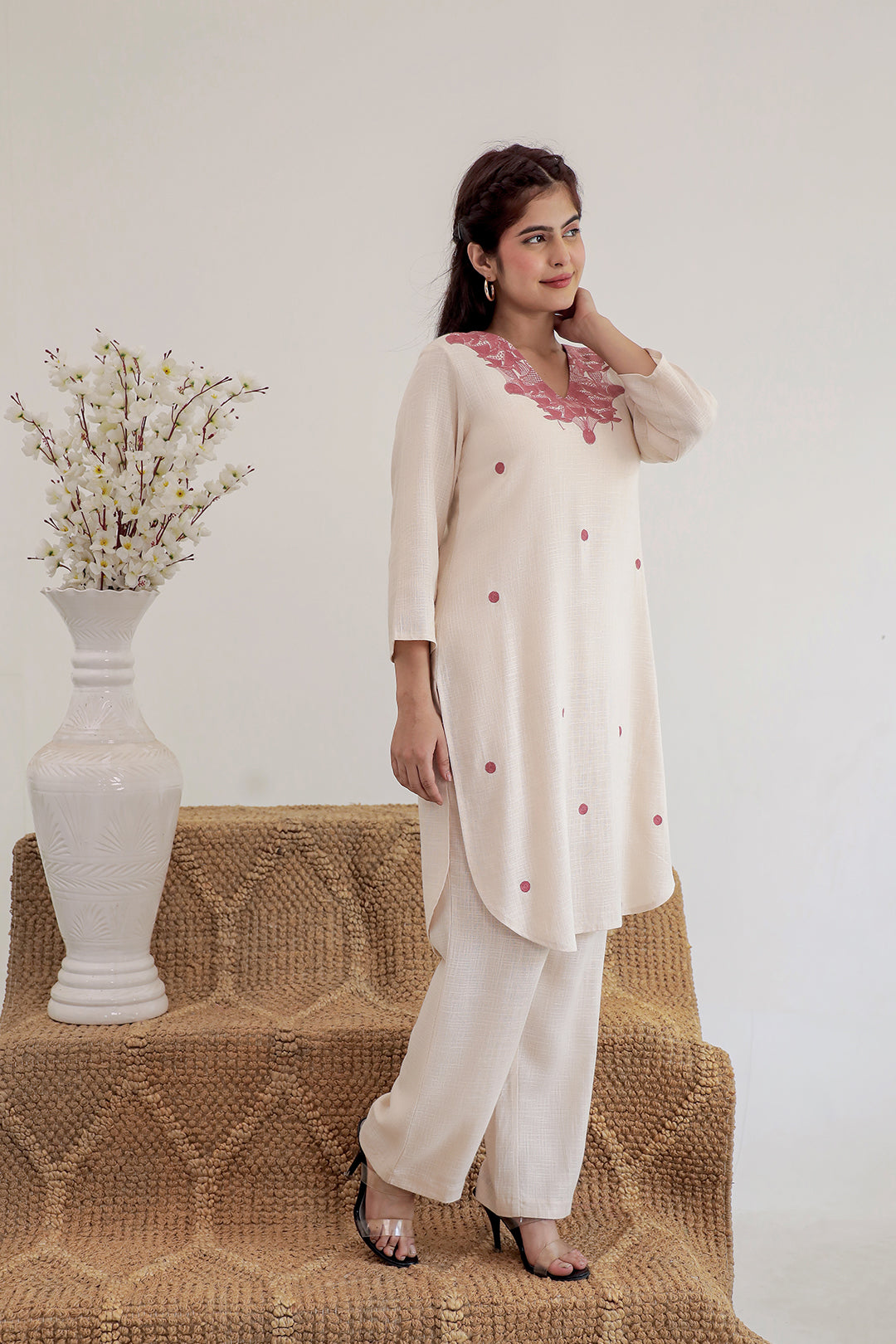 Beige Embroidery V neck Cotton Kurta with Straight Pant set for Women