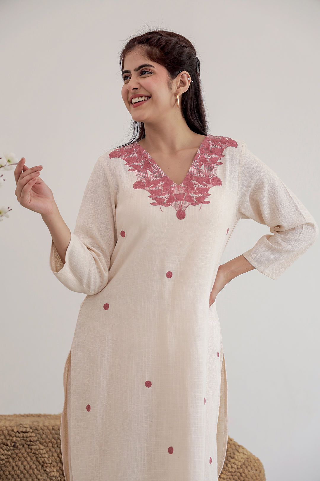 Beige Embroidery V neck Cotton Kurta with Straight Pant set for Women
