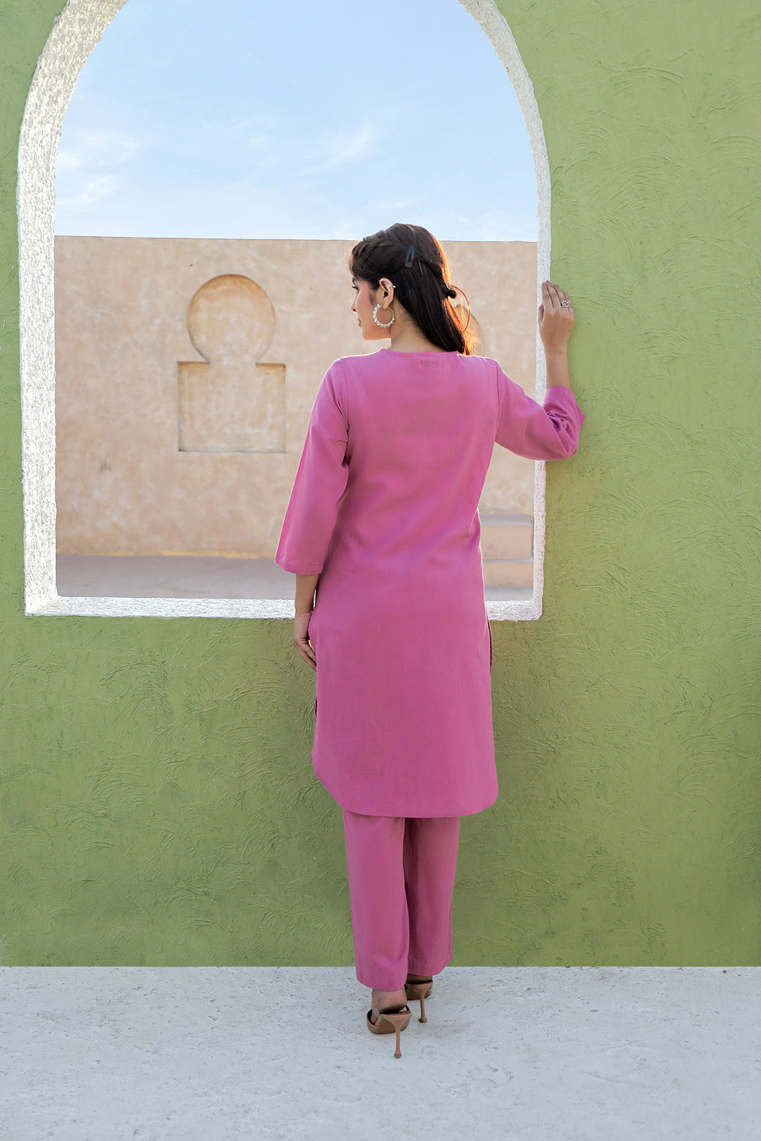 Pink Embroidered V neck Cotton Kurta with Straight Pant set for Women