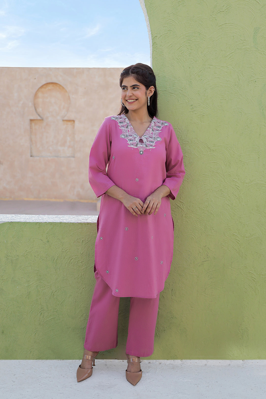 Pink Embroidered V neck Cotton Kurta with Straight Pant set for Women