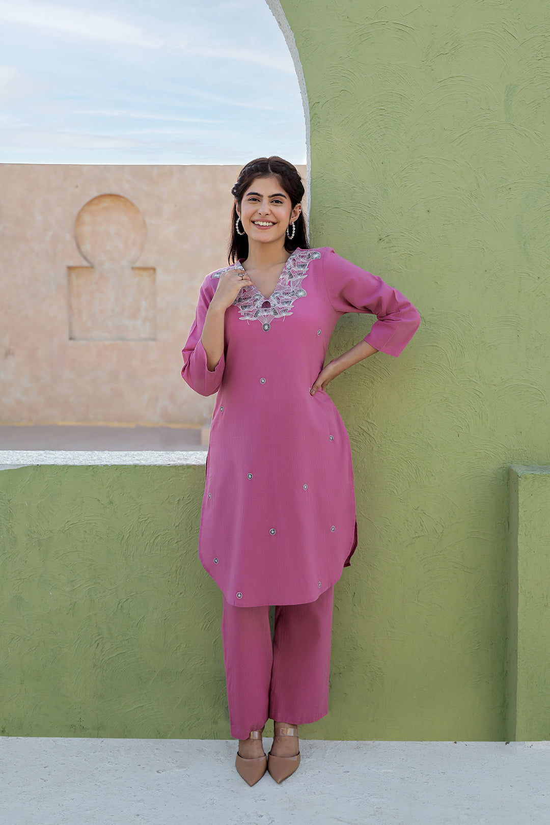 Pink Embroidered V neck Cotton Kurta with Straight Pant set for Women