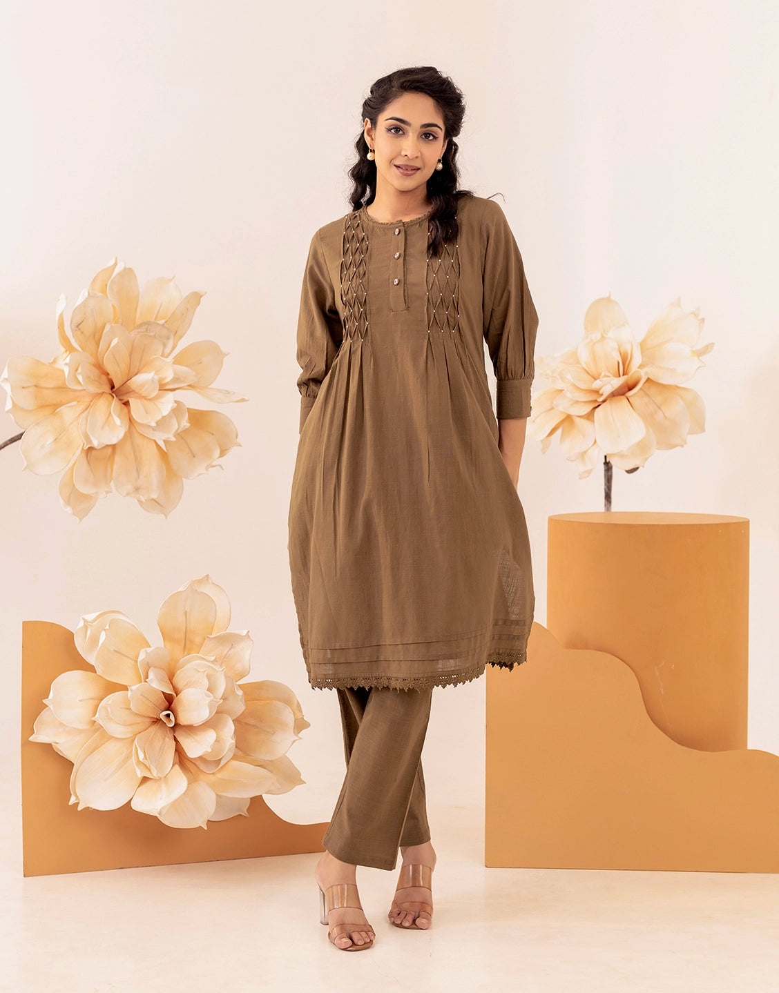 Brown Pin Tuck Detailing Round Neck Kurta set for Women