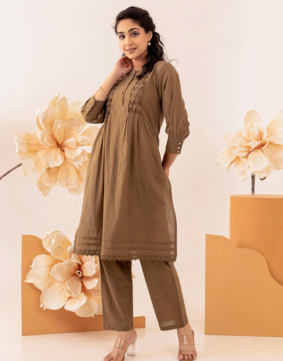 Brown Pin Tuck Detailing Round Neck Kurta set for Women