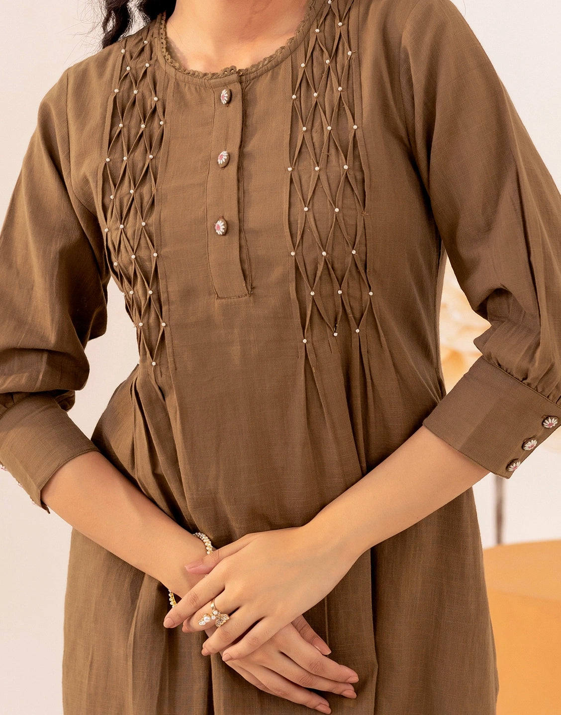 Brown Pin Tuck Detailing Round Neck Kurta set for Women