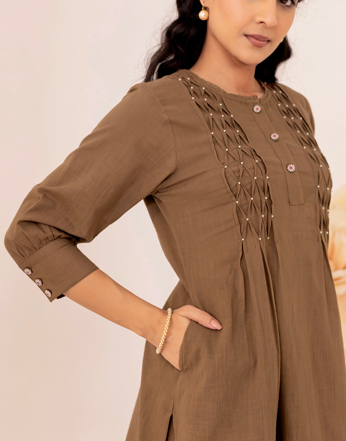 Brown Pin Tuck Detailing Round Neck Kurta set for Women
