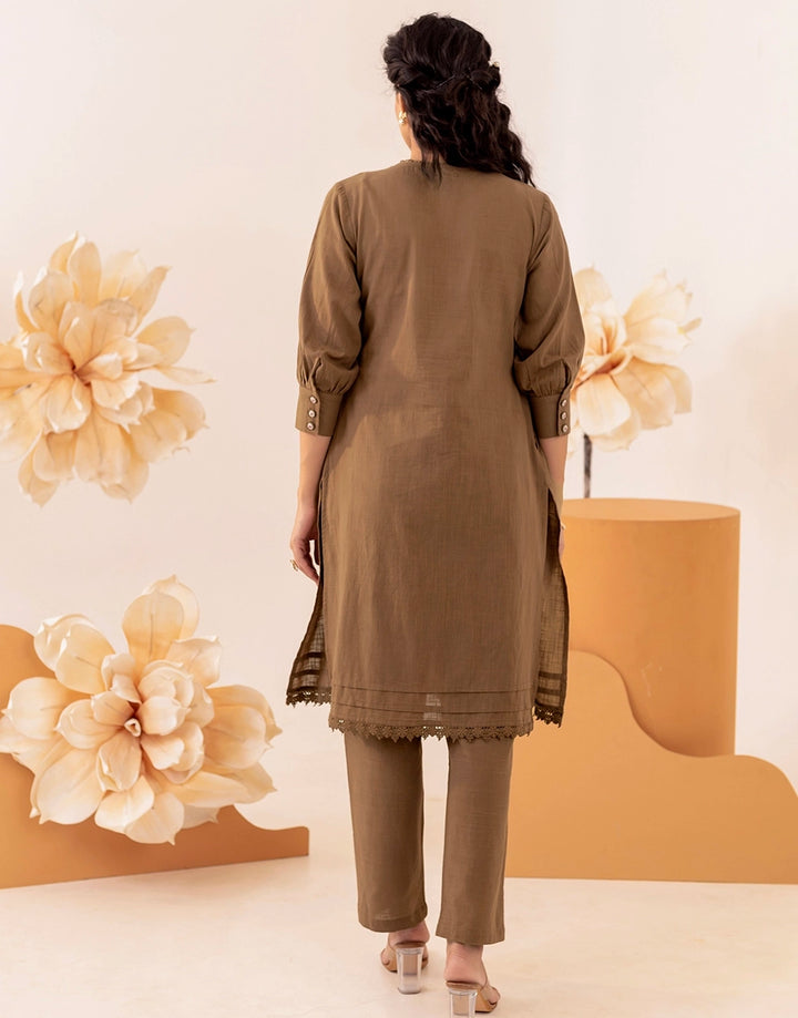 Brown Pin Tuck Detailing Round Neck Kurta set for Women