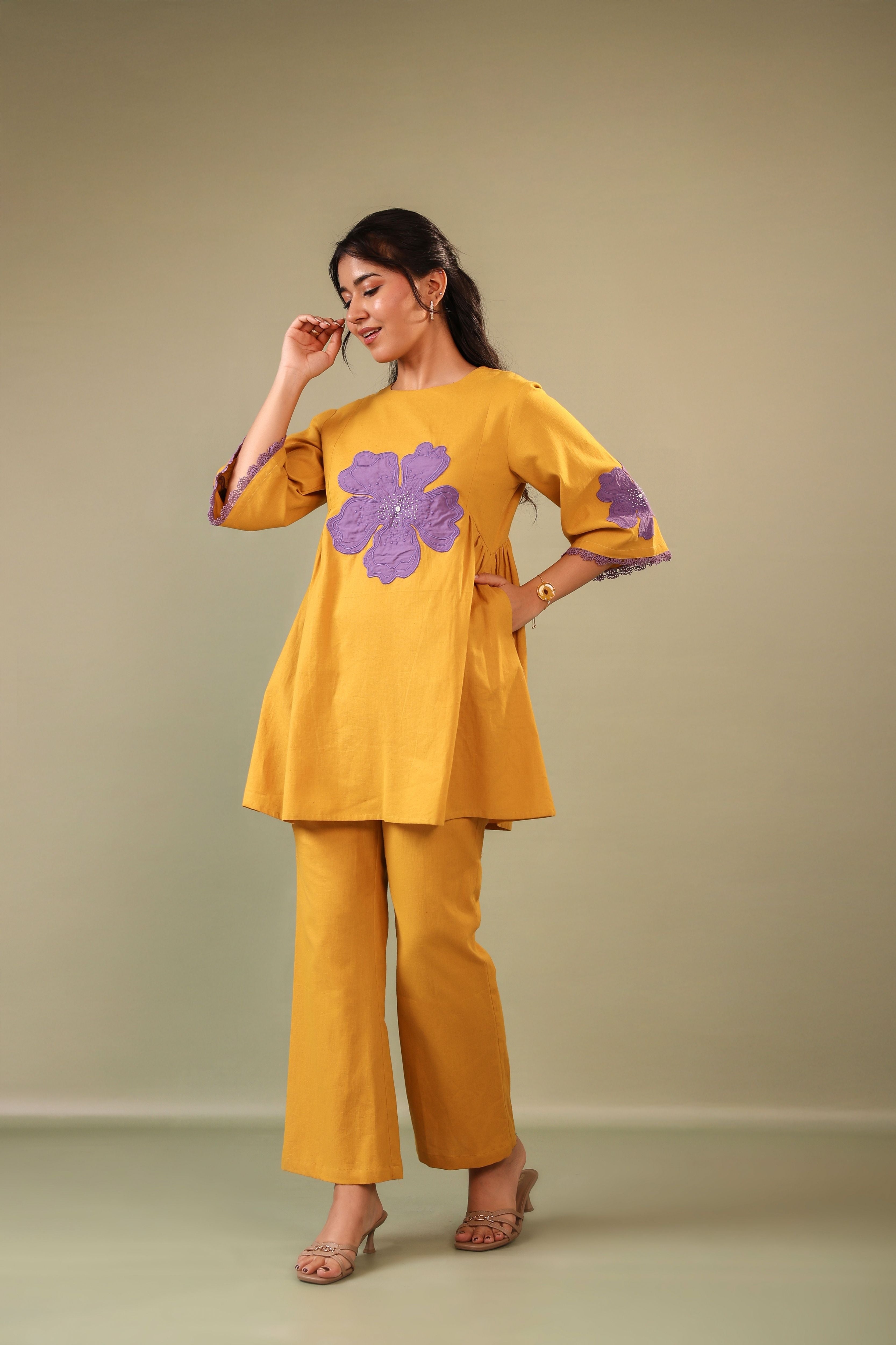 Mustard Patch Embriodery Round Neck Top with Pant Coord Set for Women