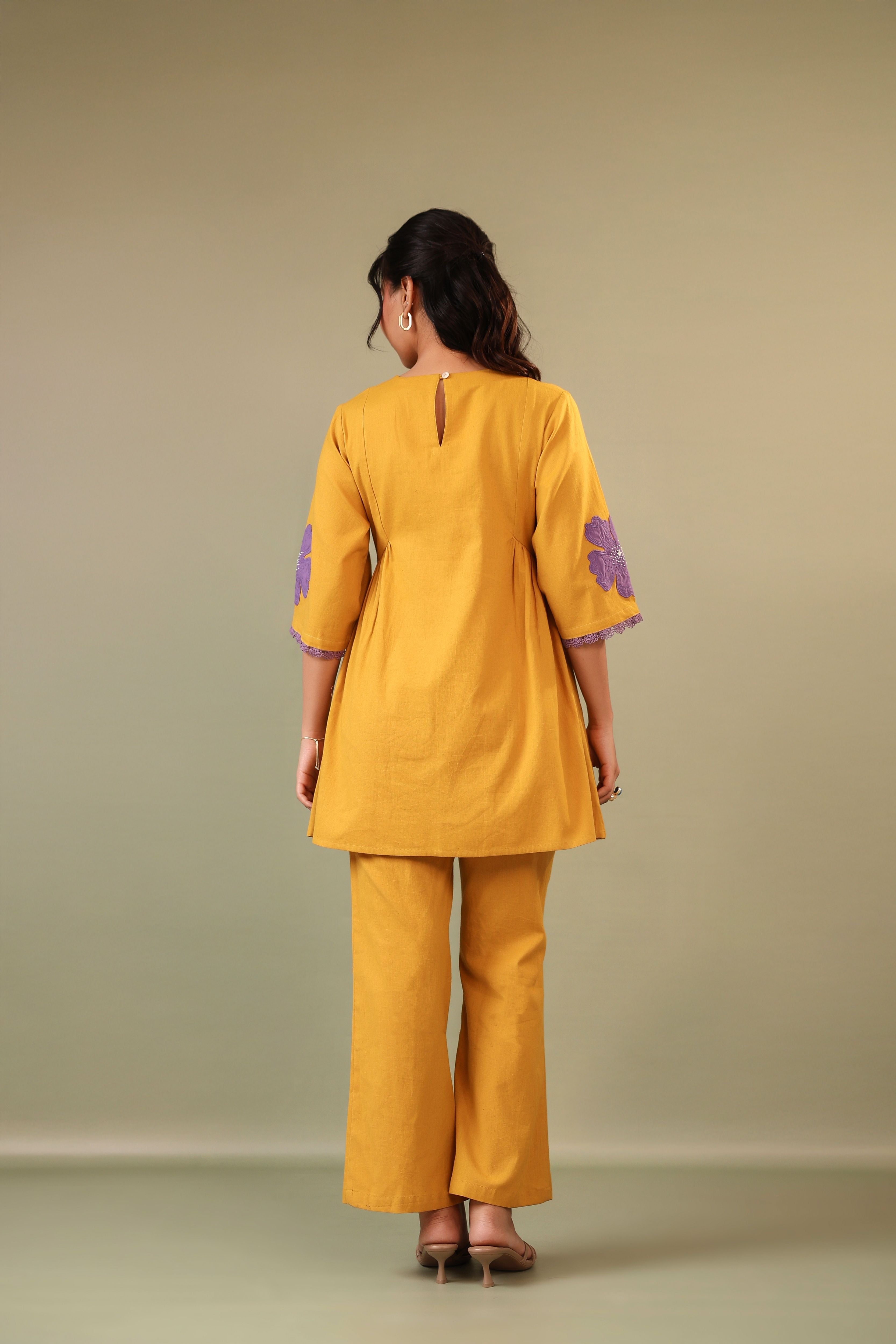 Mustard Patch Embriodery Round Neck Top with Pant Coord Set for Women