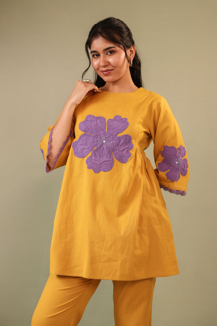 Mustard Patch Embroidery Round Neck Top with Pant Coord Set for Women