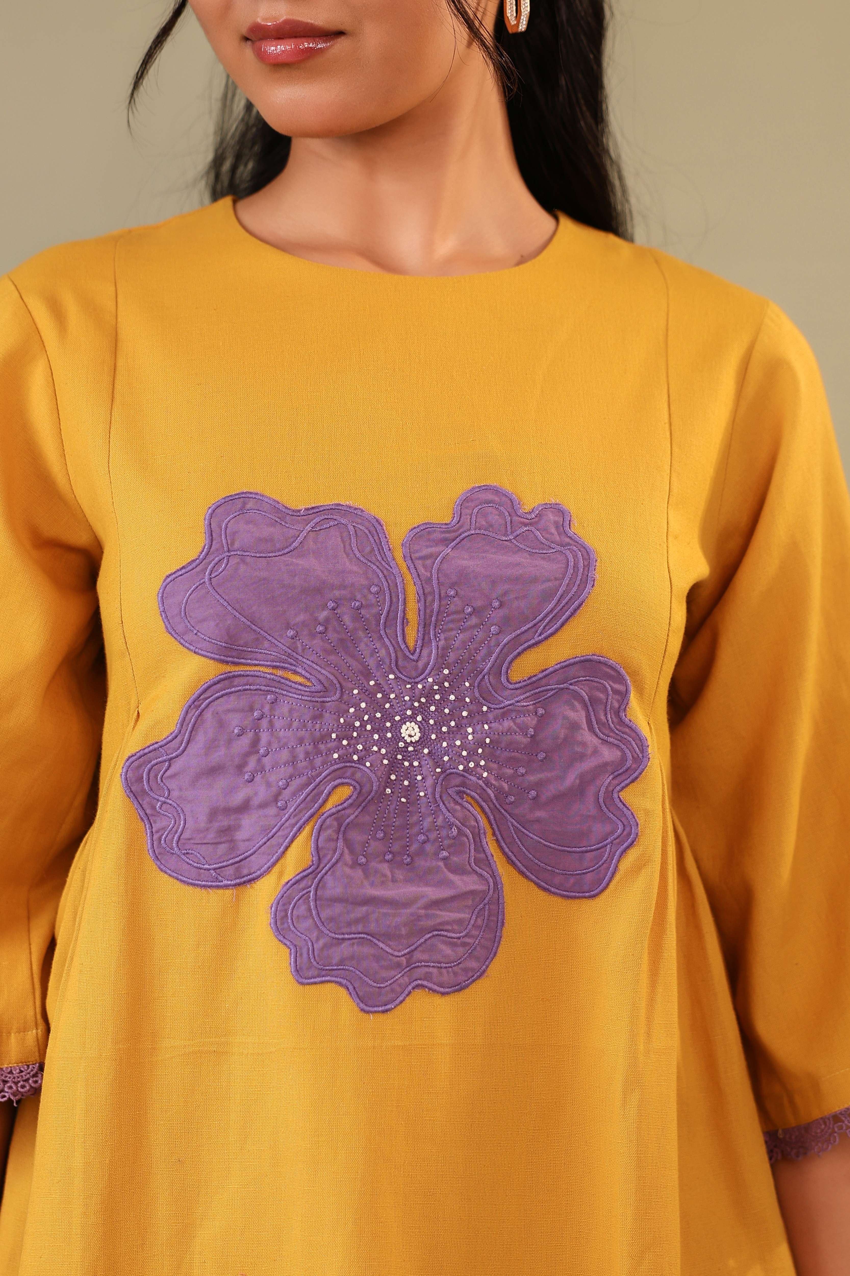 Mustard Patch Embriodery Round Neck Top with Pant Coord Set for Women