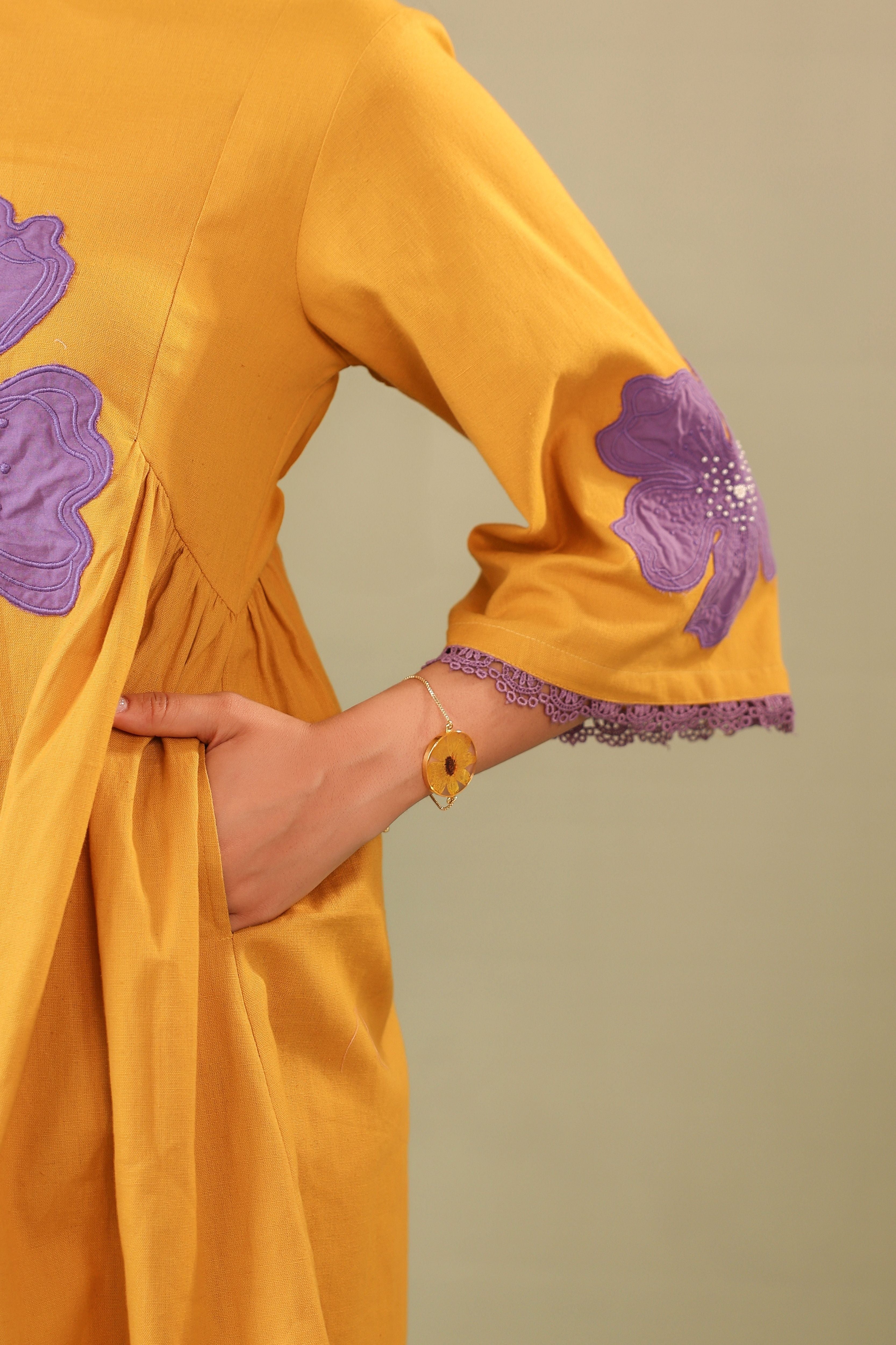 Mustard Patch Embriodery Round Neck Top with Pant Coord Set for Women