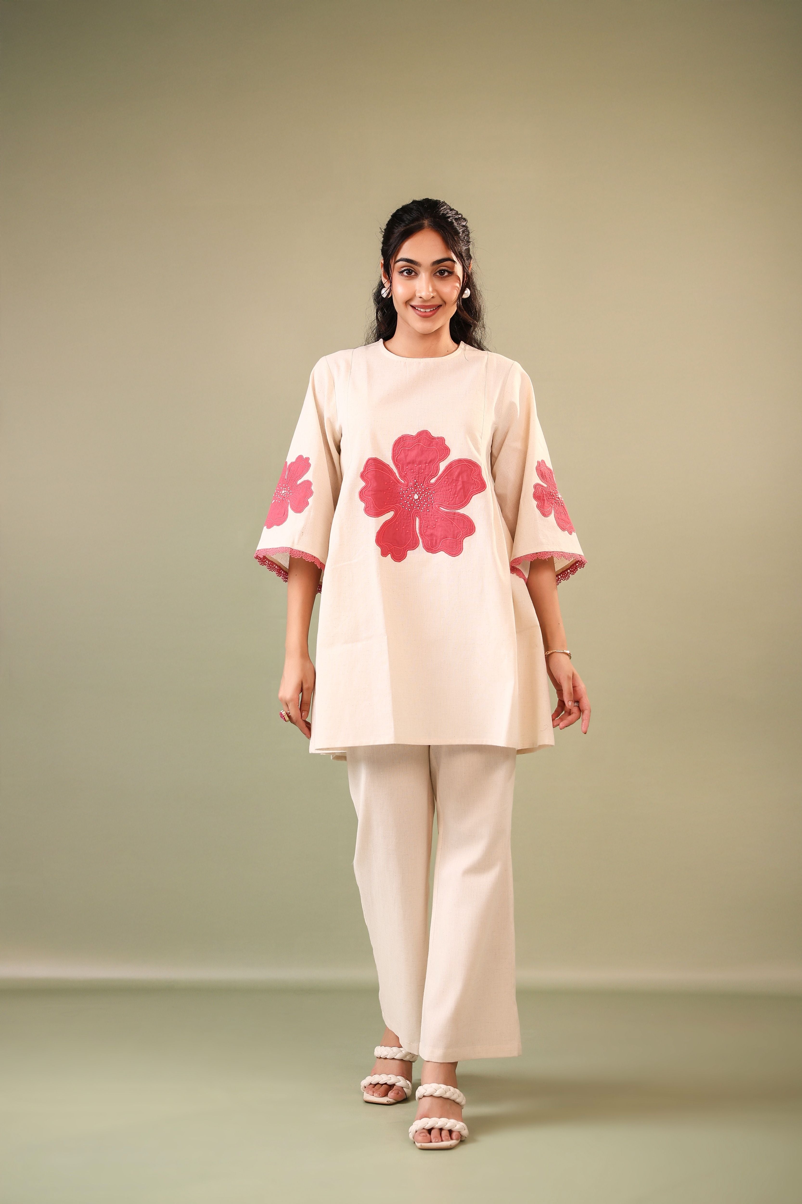 Off White Patch Embriodery Round Neck Top with Pant Coord Set for Women