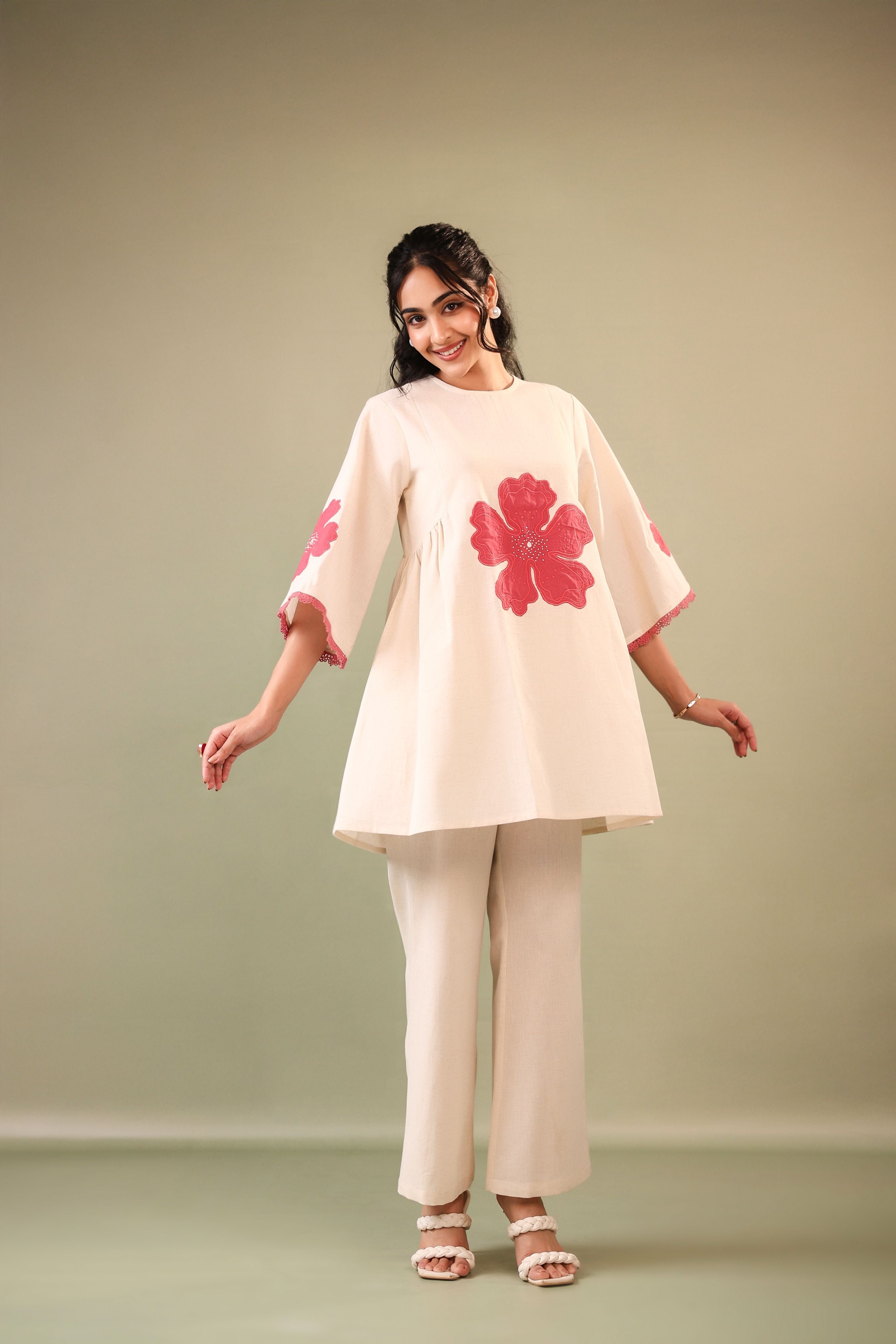 Off White Patch Embriodery Round Neck Top with Pant Coord Set for Women