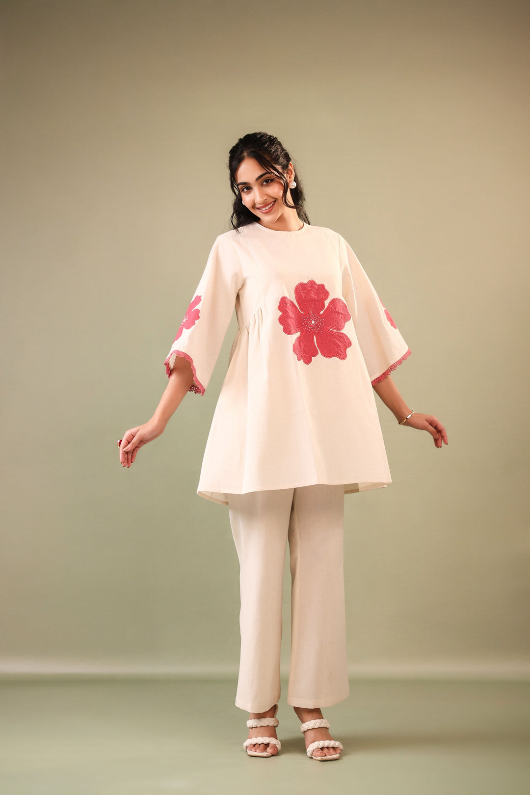 Off White Patch Embriodery Round Neck Top with Pant Coord Set for Women