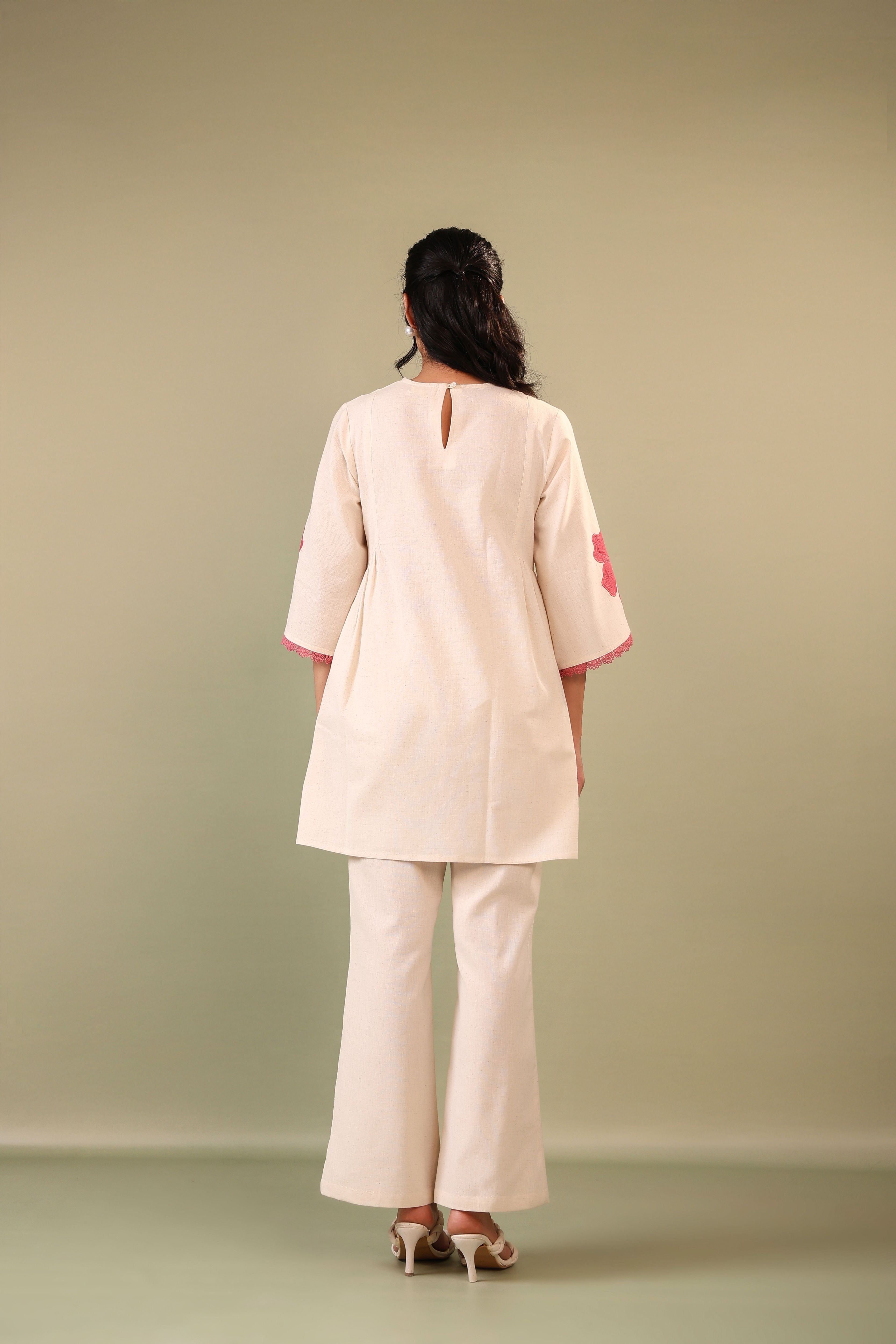 Off White Patch Embriodery Round Neck Top with Pant Coord Set for Women