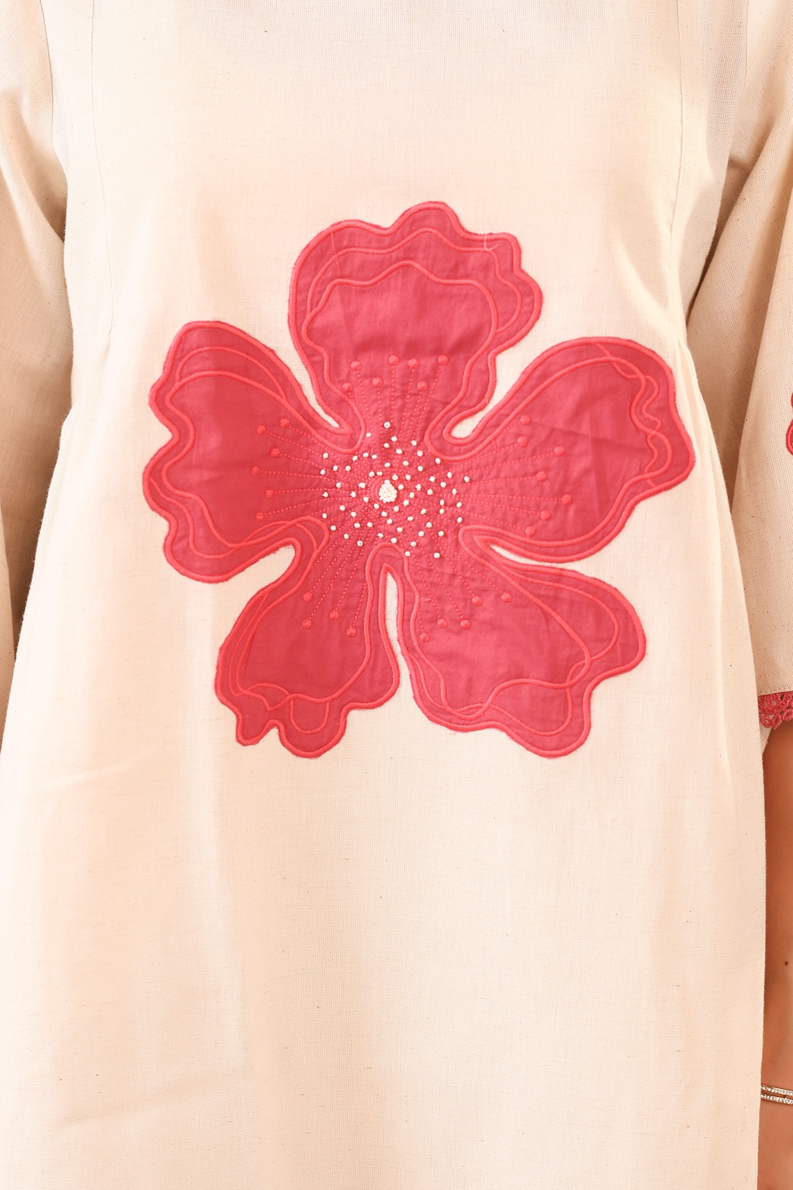 Off White Patch Embriodery Round Neck Top with Pant Coord Set for Women