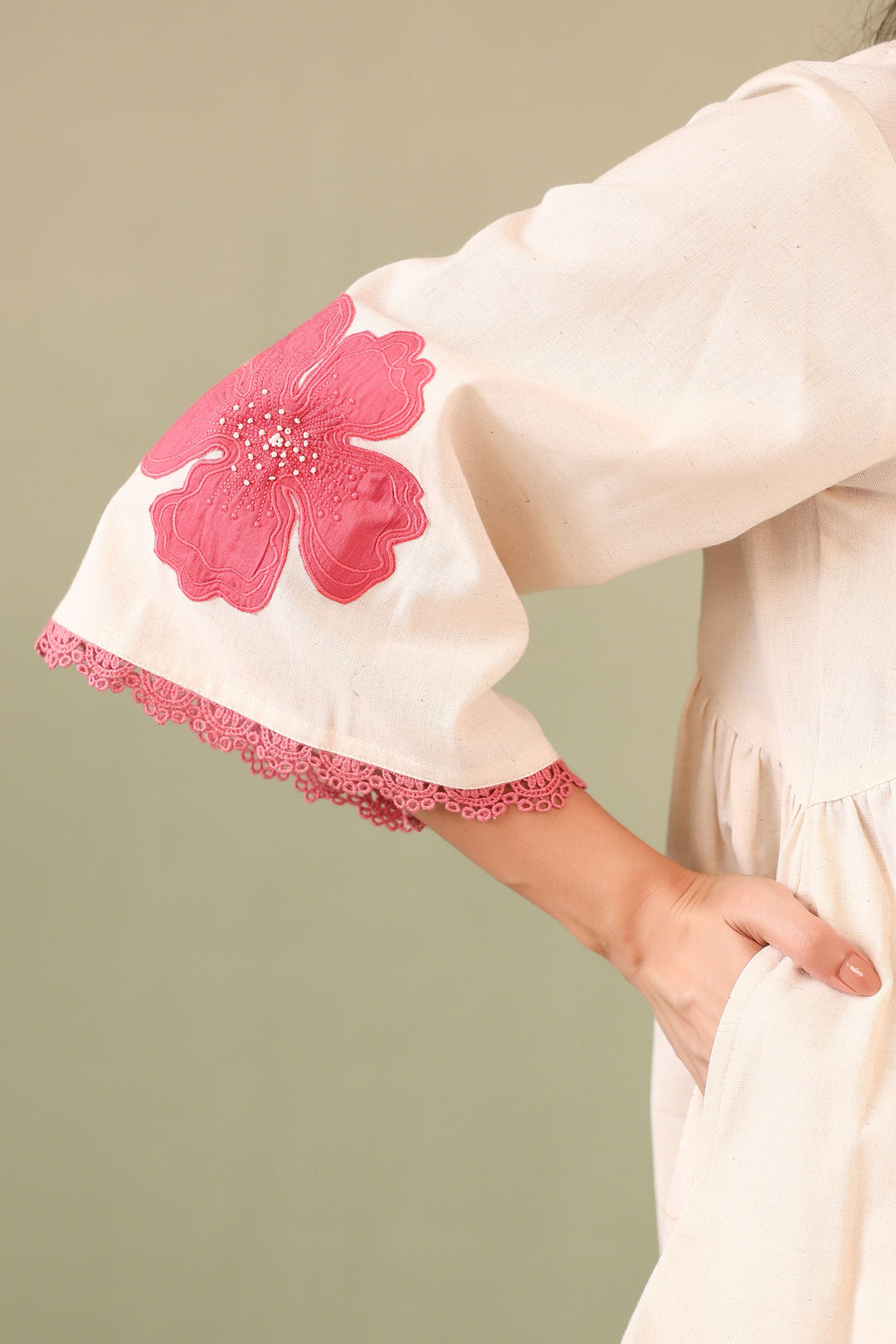 Off White Patch Embriodery Round Neck Top with Pant Coord Set for Women