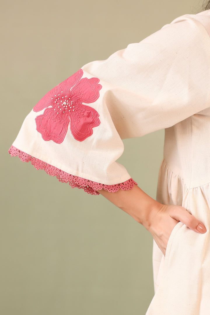 Off White Patch Embriodery Round Neck Top with Pant Coord Set for Women