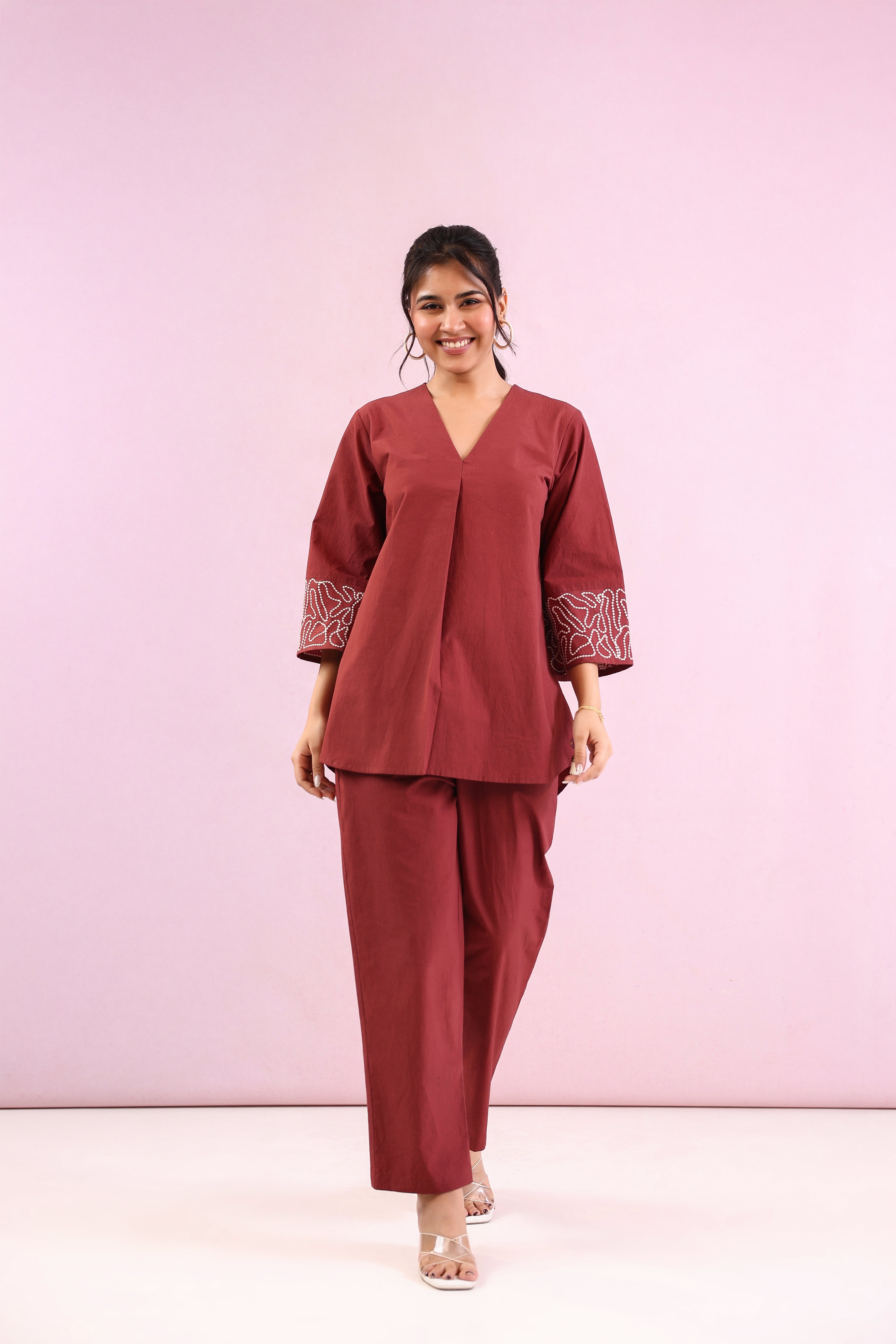 Maroon Embroidered cotton-poplin V-neck co-ord set  for Women