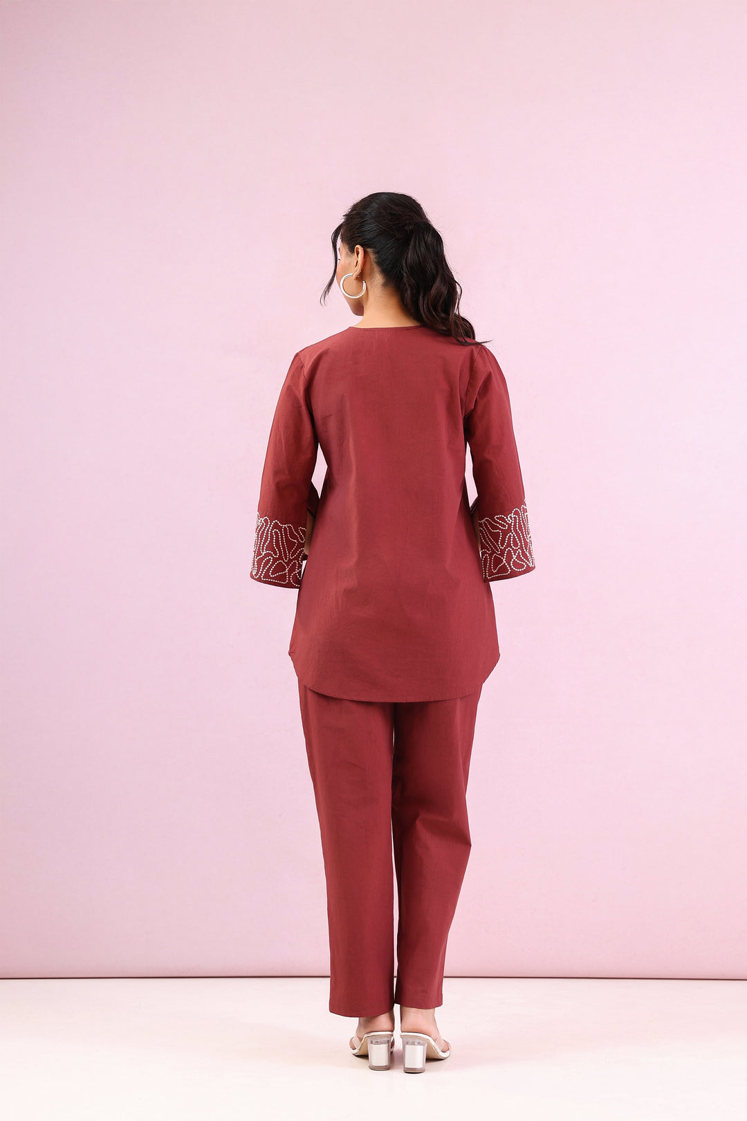 Maroon Embroidered cotton-poplin V-neck co-ord set  for Women