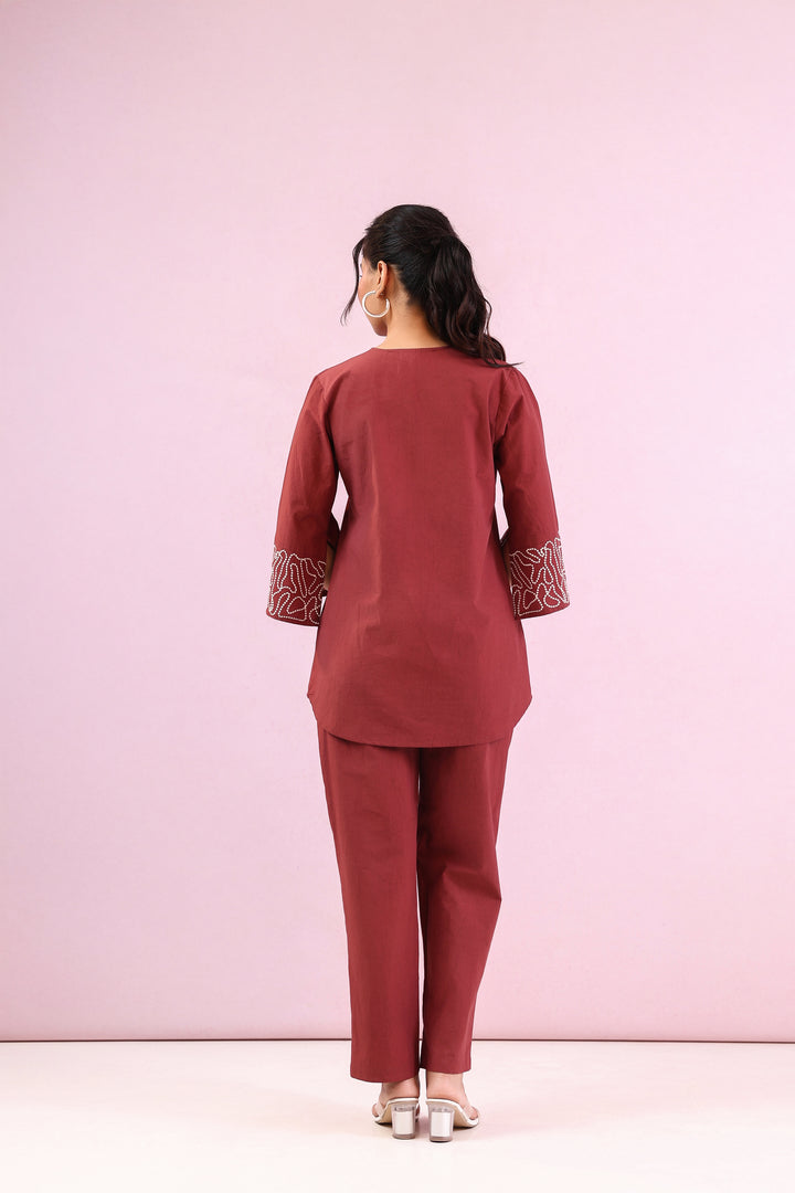 Maroon Embroidered cotton-poplin V-neck co-ord set  for Women