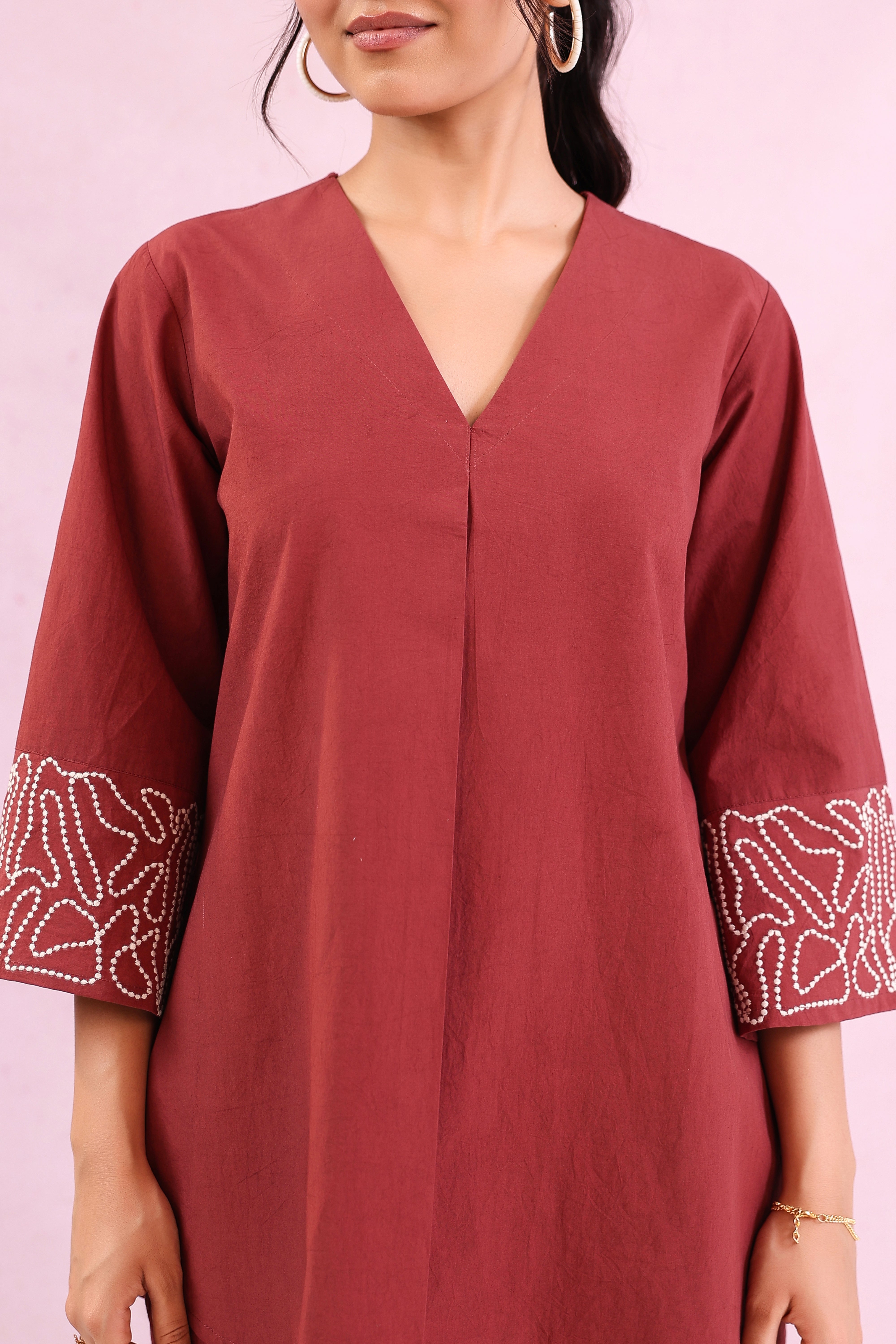 Maroon Embroidered cotton-poplin V-neck co-ord set  for Women
