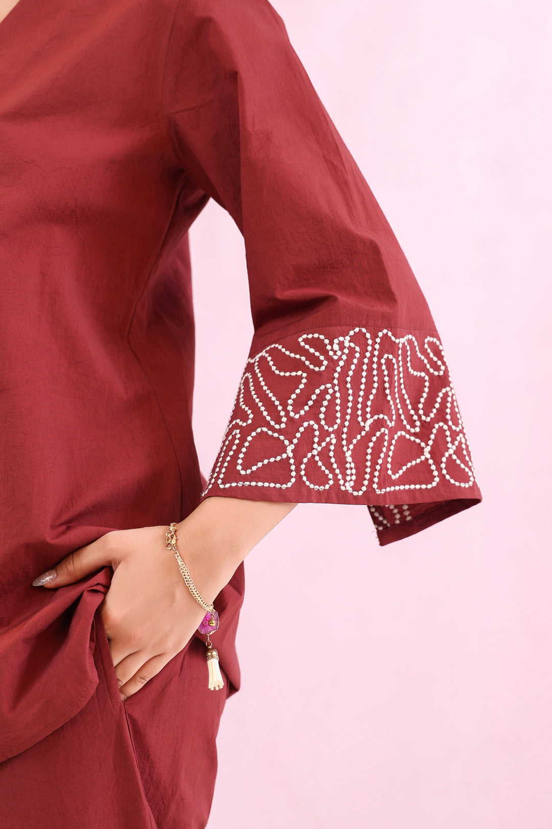Maroon Embroidered cotton-poplin V-neck co-ord set  for Women