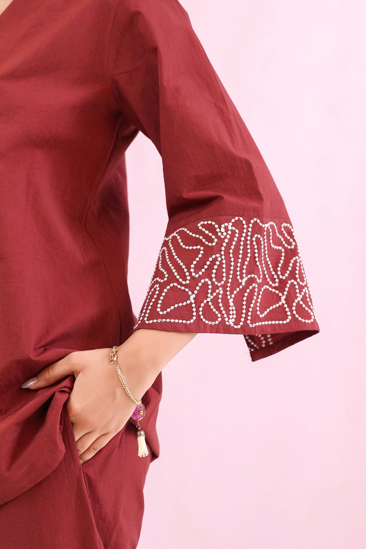 Maroon Embroidered cotton-poplin V-neck co-ord set  for Women