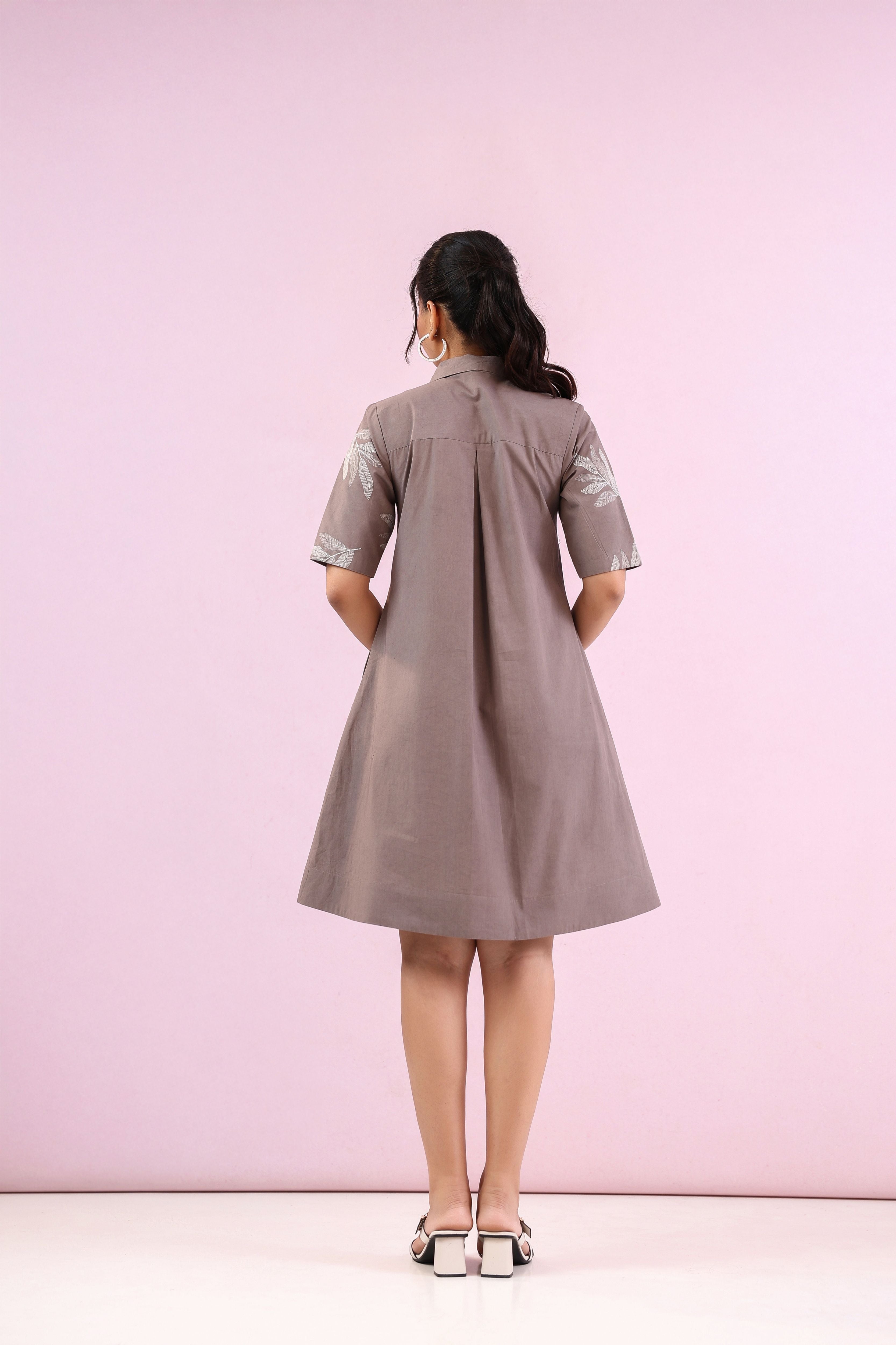 Grey Cotton Embroidery Shirt Collar Above Knee Length Dress for Women