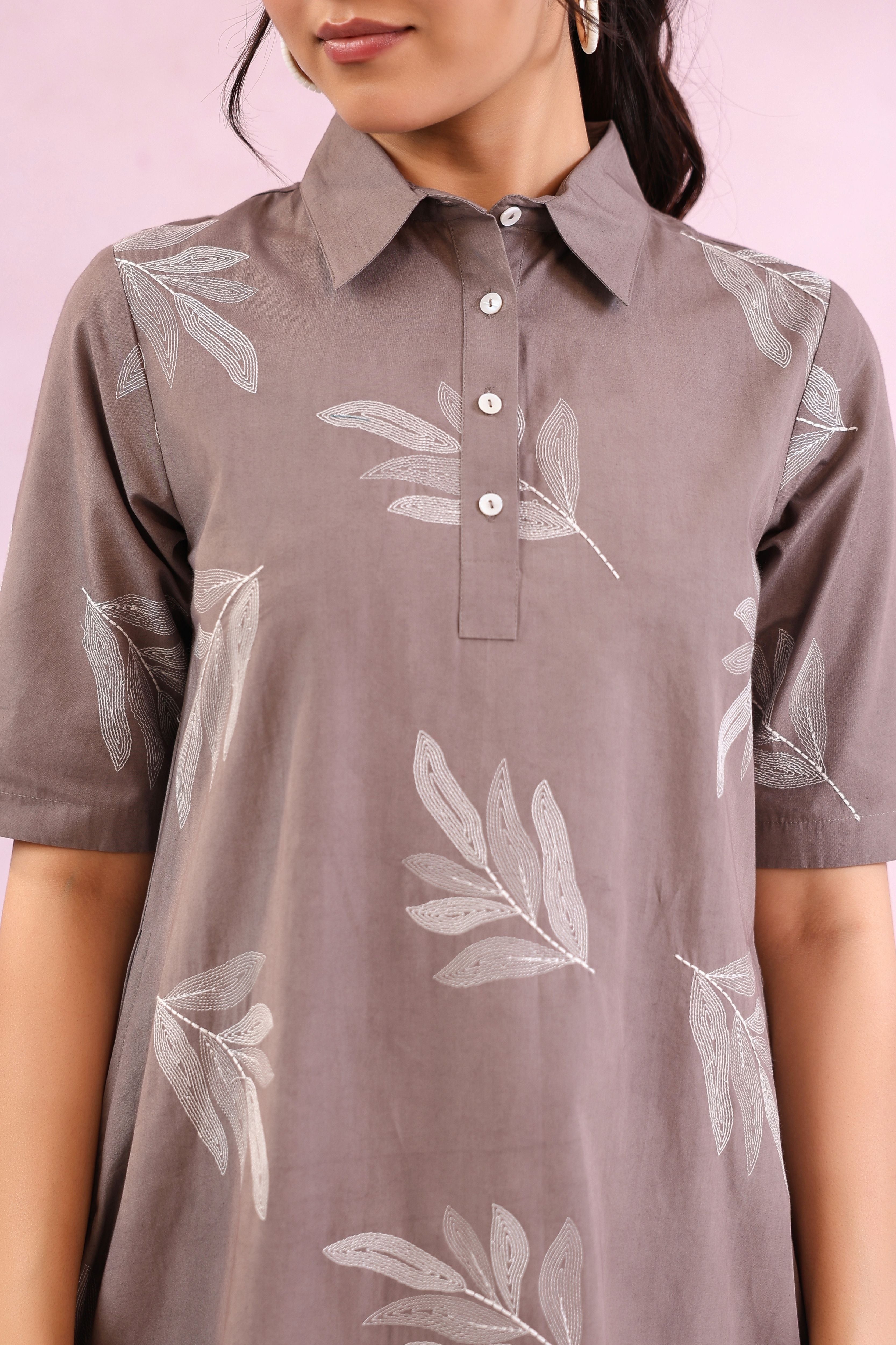 Grey Cotton Embroidery Shirt Collar Above Knee Length Dress for Women